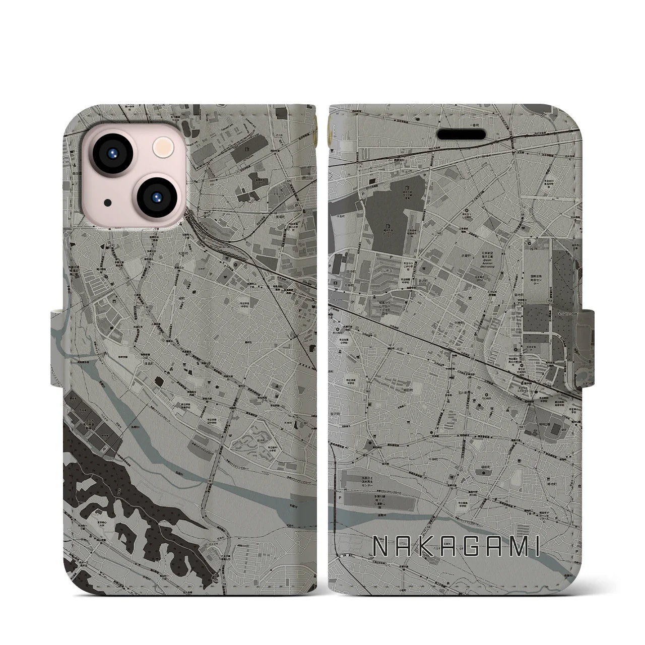 【中神(東京都)】地図柄iPhoneケース(手帳タイプ)モノトーン・iPhone 13 mini 用