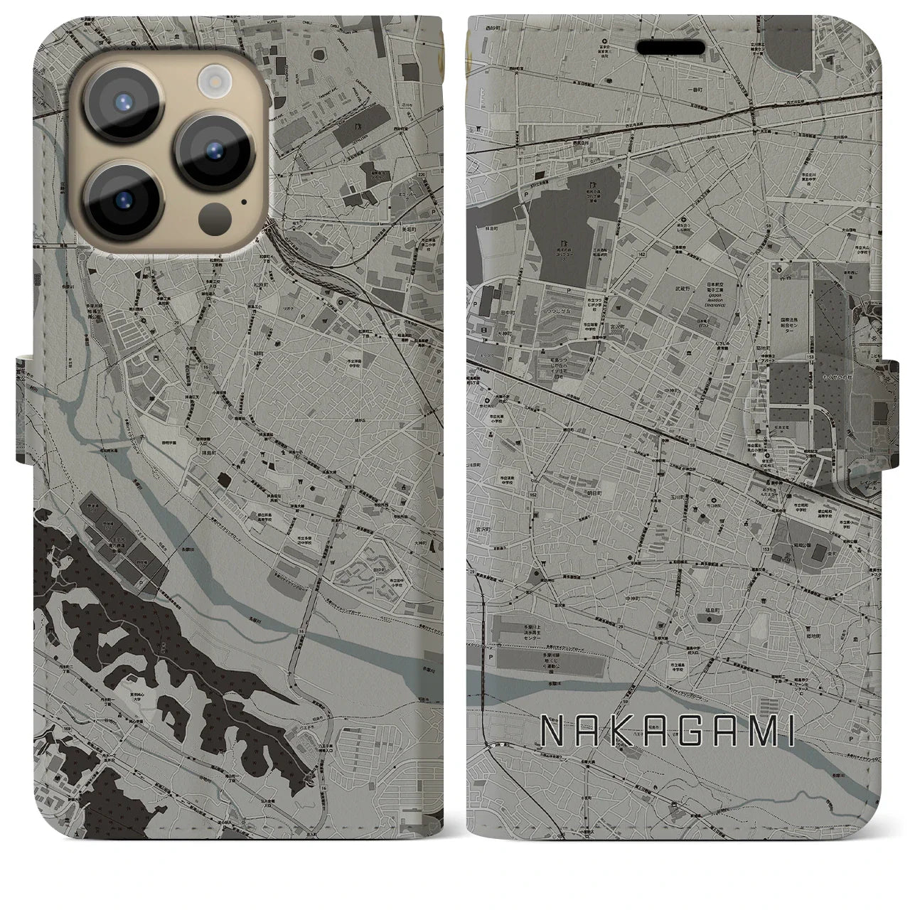 【中神(東京都)】地図柄iPhoneケース(手帳タイプ)モノトーン・iPhone 14 Pro Max 用