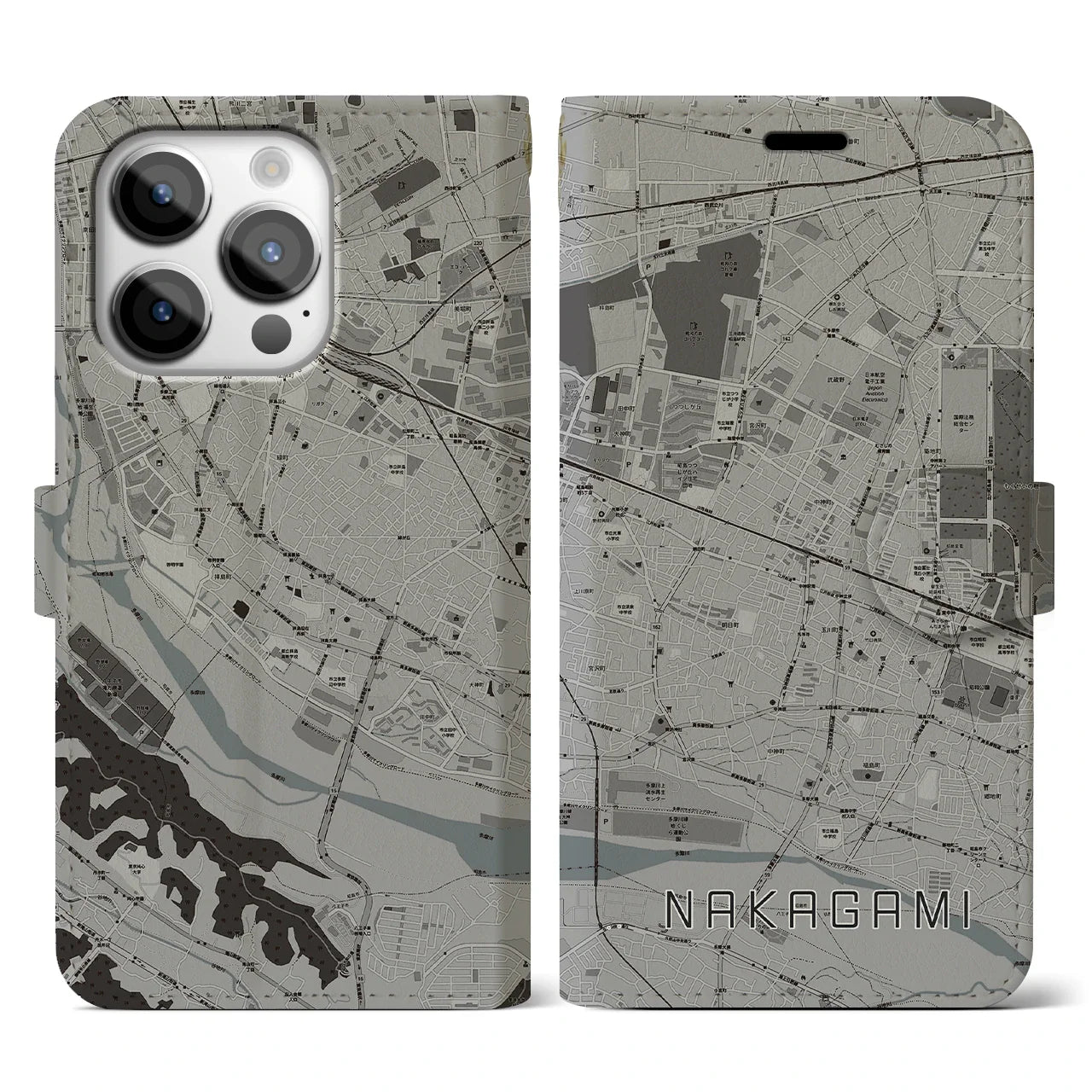 【中神(東京都)】地図柄iPhoneケース(手帳タイプ)モノトーン・iPhone 14 Pro 用