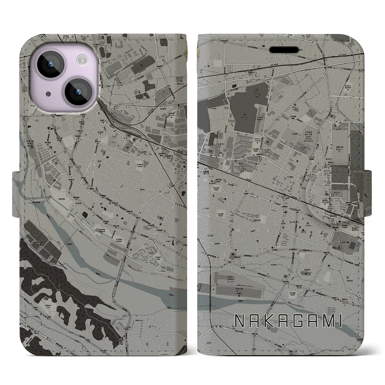 【中神(東京都)】地図柄iPhoneケース(手帳タイプ)モノトーン・iPhone 14 用