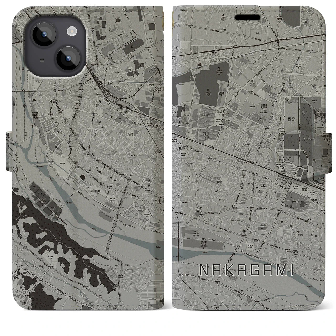 【中神(東京都)】地図柄iPhoneケース(手帳タイプ)モノトーン・iPhone 14 Plus 用