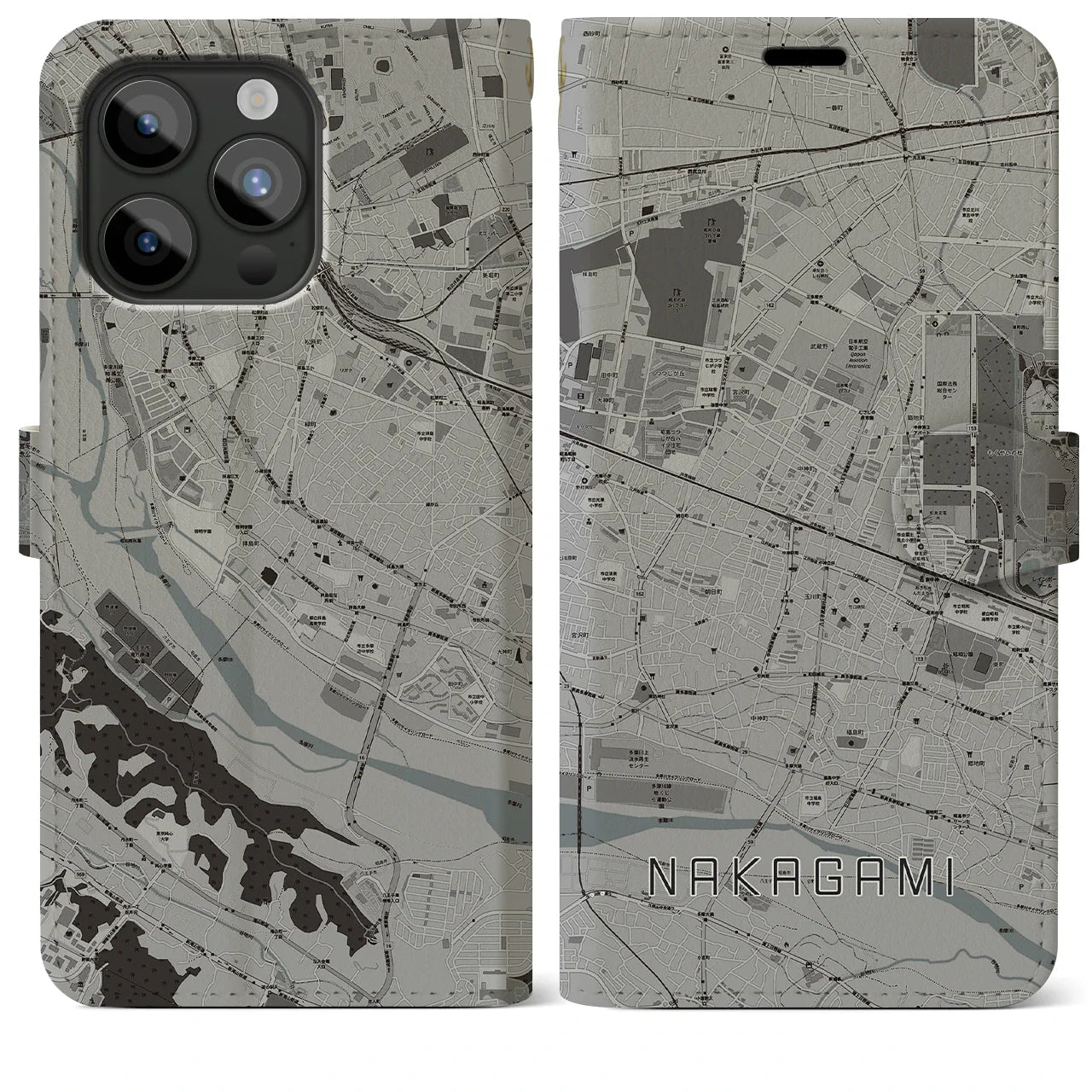 【中神(東京都)】地図柄iPhoneケース(手帳タイプ)モノトーン・iPhone 15 Pro Max 用