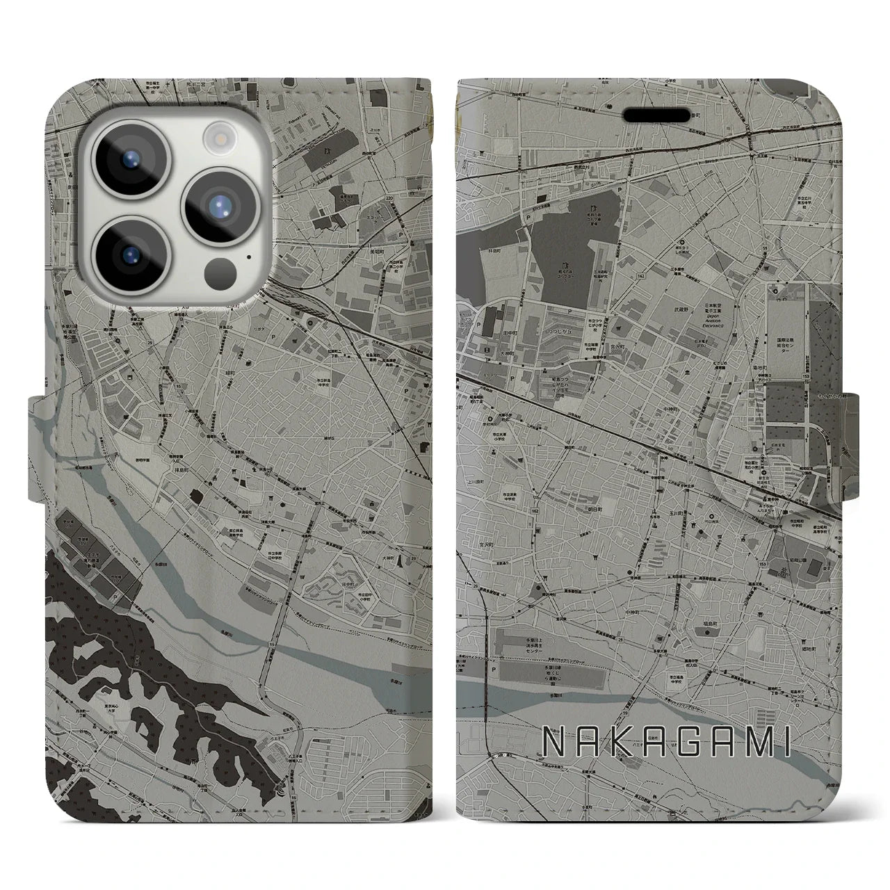 【中神(東京都)】地図柄iPhoneケース(手帳タイプ)モノトーン・iPhone 15 Pro 用
