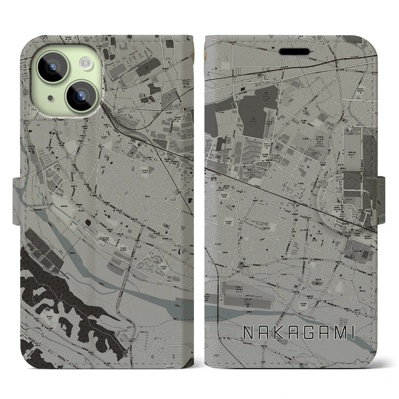 【中神(東京都)】地図柄iPhoneケース(手帳タイプ)モノトーン・iPhone 15 用