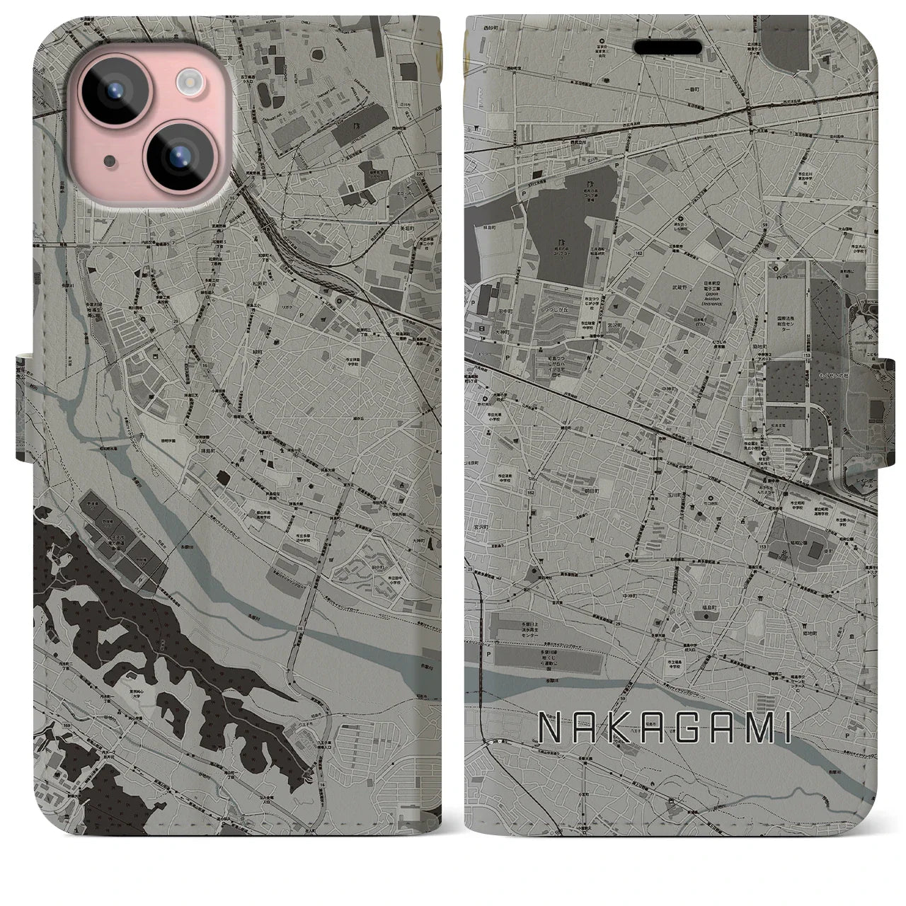 【中神(東京都)】地図柄iPhoneケース(手帳タイプ)モノトーン・iPhone 15 Plus 用