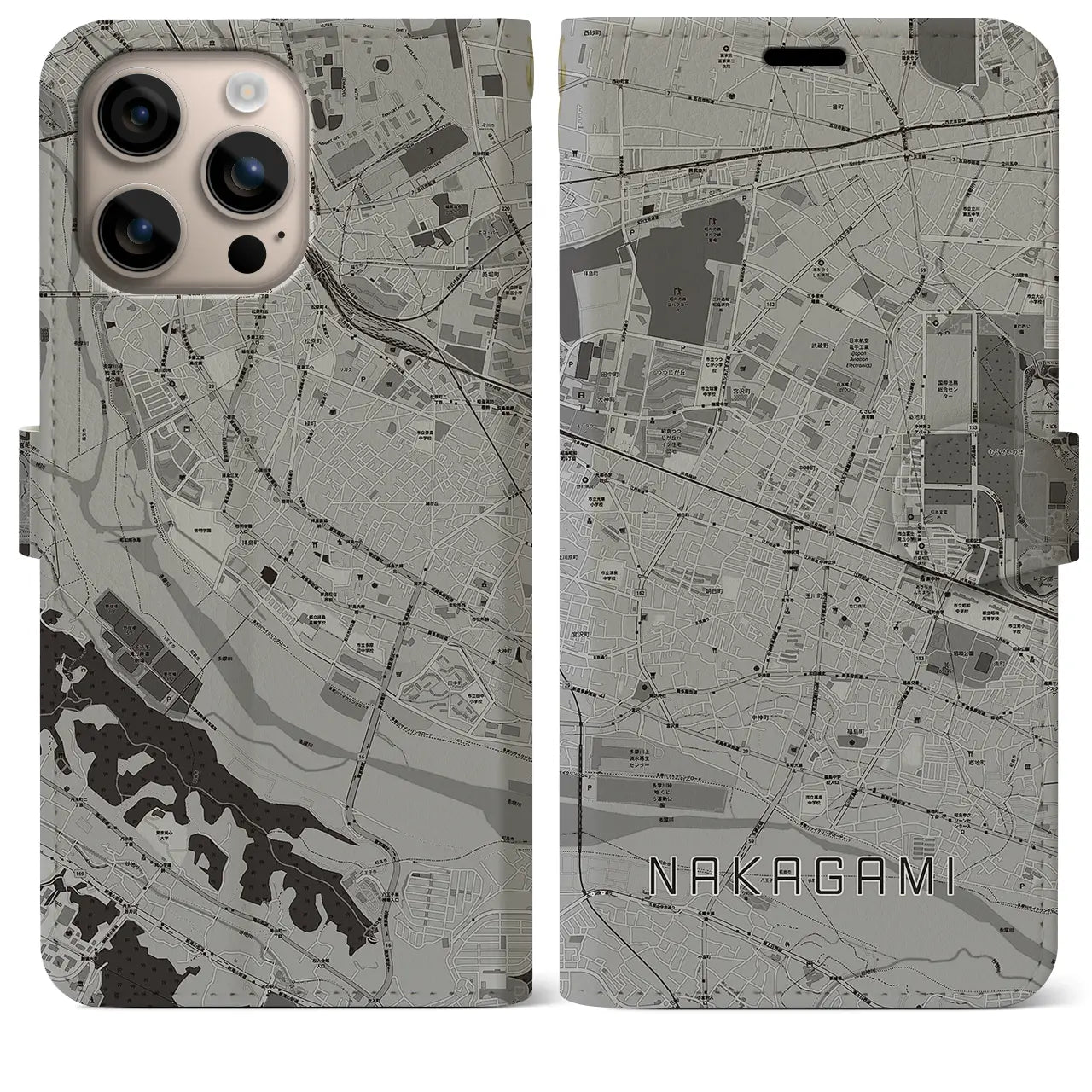 【中神(東京都)】地図柄iPhoneケース(手帳タイプ)モノトーン・iPhone 16 Plus 用