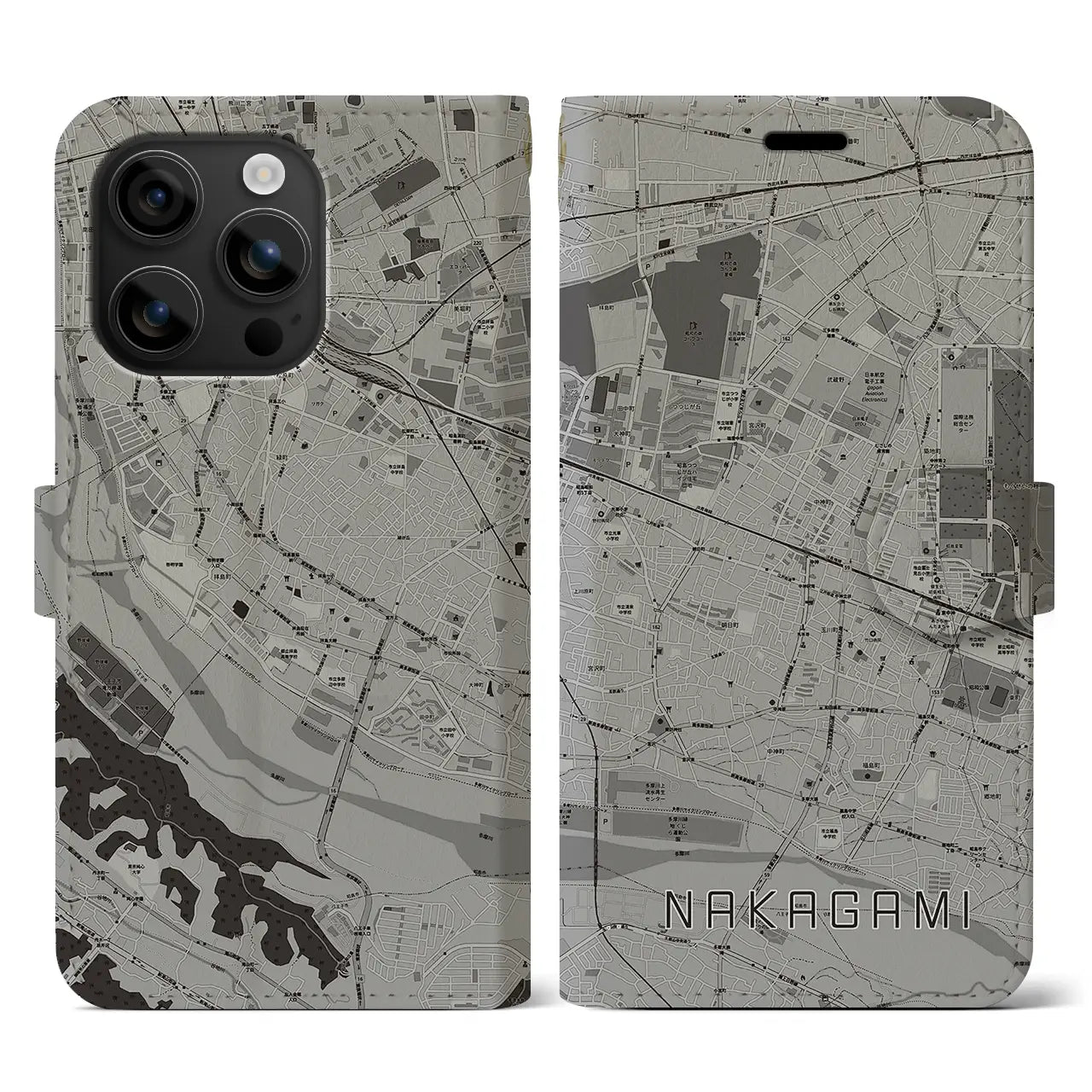 【中神(東京都)】地図柄iPhoneケース(手帳タイプ)モノトーン・iPhone 16 用