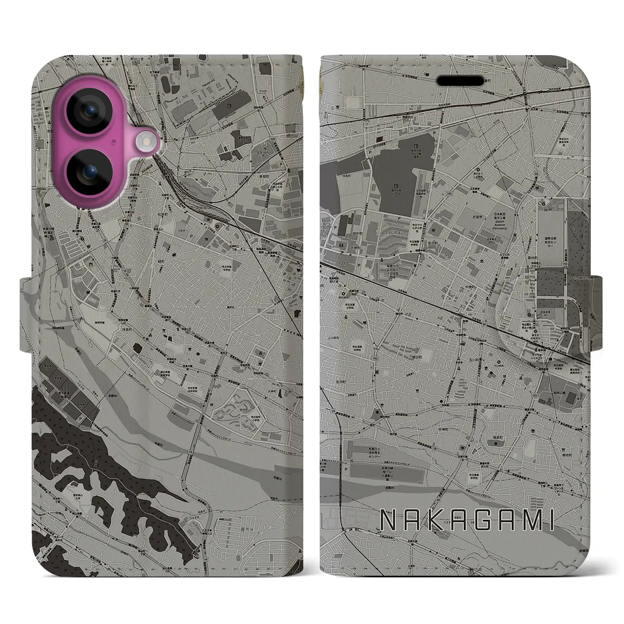【中神(東京都)】地図柄iPhoneケース(手帳タイプ)モノトーン・iPhone 16 Pro 用