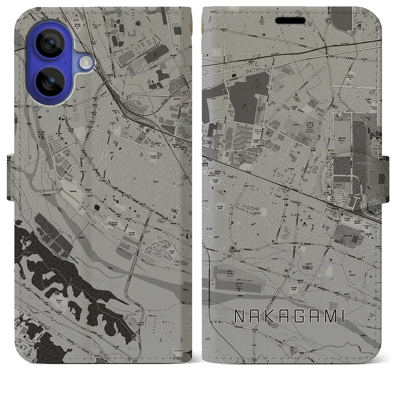 【中神(東京都)】地図柄iPhoneケース(手帳タイプ)モノトーン・iPhone 16 Pro Max 用