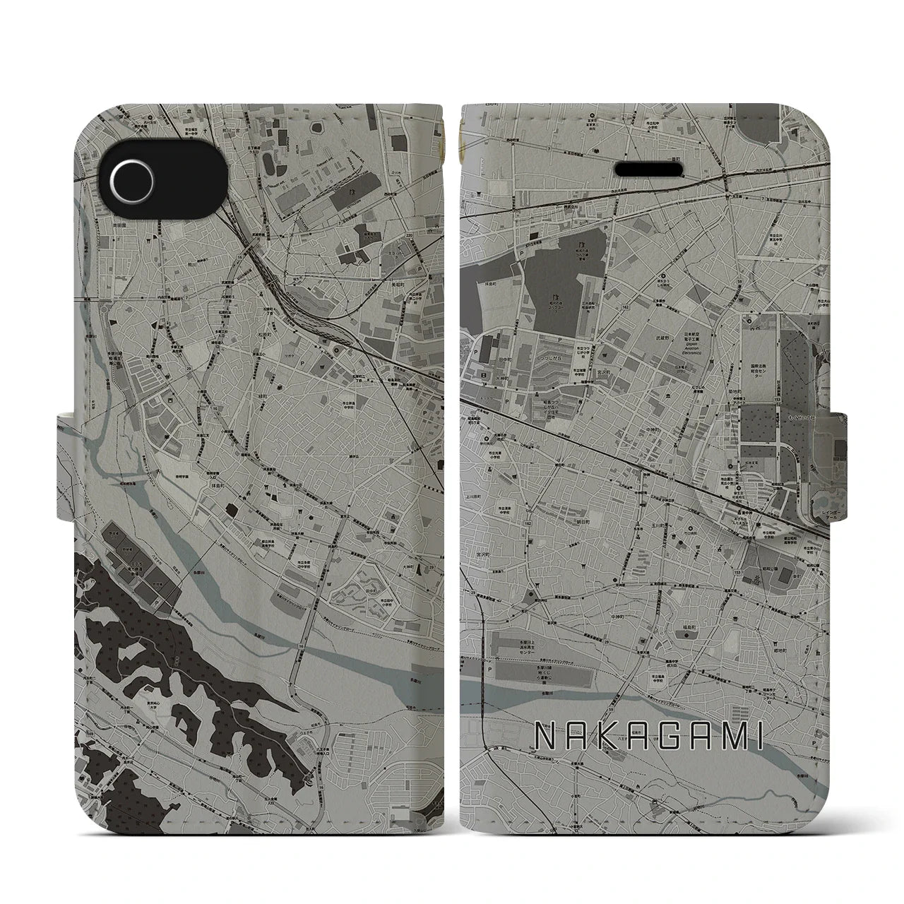 【中神(東京都)】地図柄iPhoneケース(手帳タイプ)モノトーン・iPhone SE(第3 / 第2世代) / 8 / 7 / 6s / 6 用