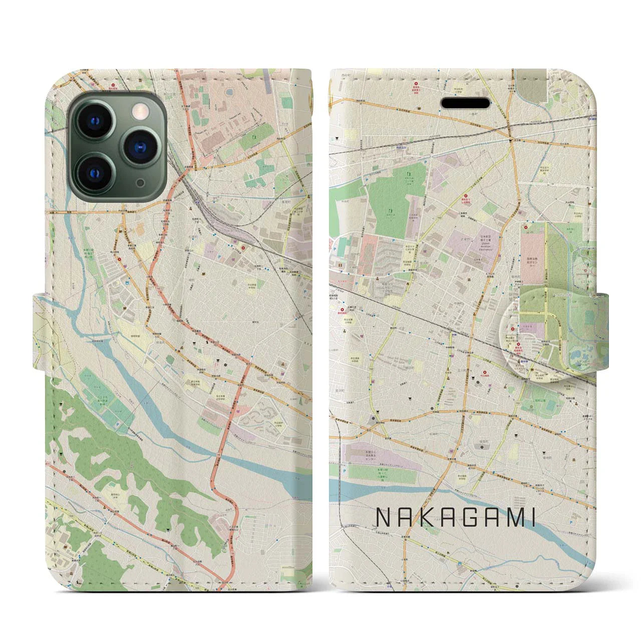 【中神(東京都)】地図柄iPhoneケース(手帳タイプ)ナチュラル・iPhone 11 Pro 用