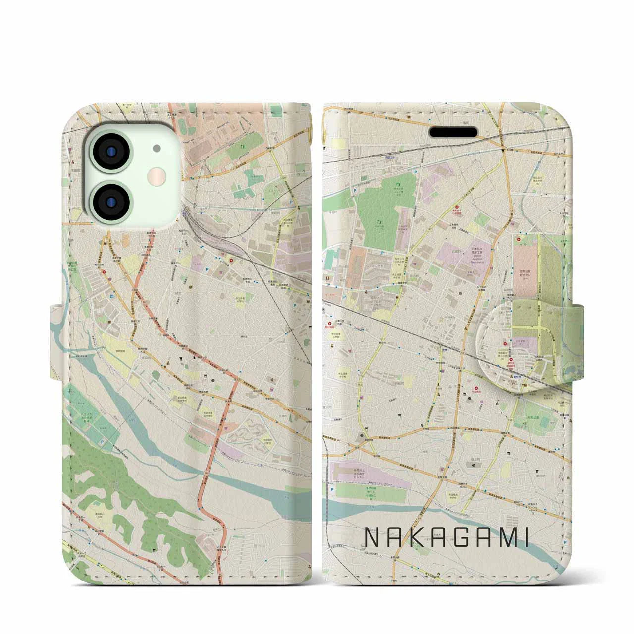 【中神(東京都)】地図柄iPhoneケース(手帳タイプ)ナチュラル・iPhone 12 mini 用