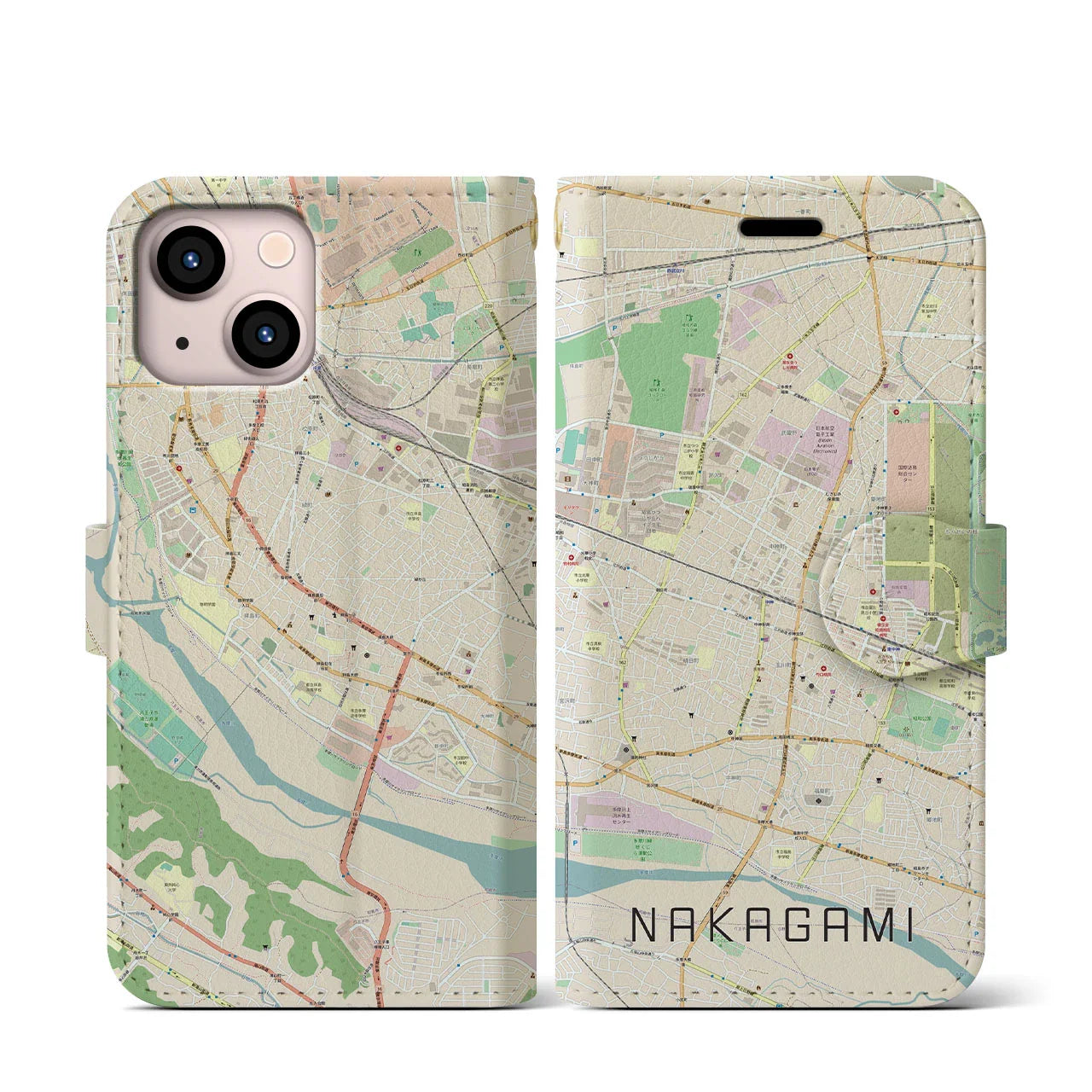 【中神(東京都)】地図柄iPhoneケース(手帳タイプ)ナチュラル・iPhone 13 mini 用