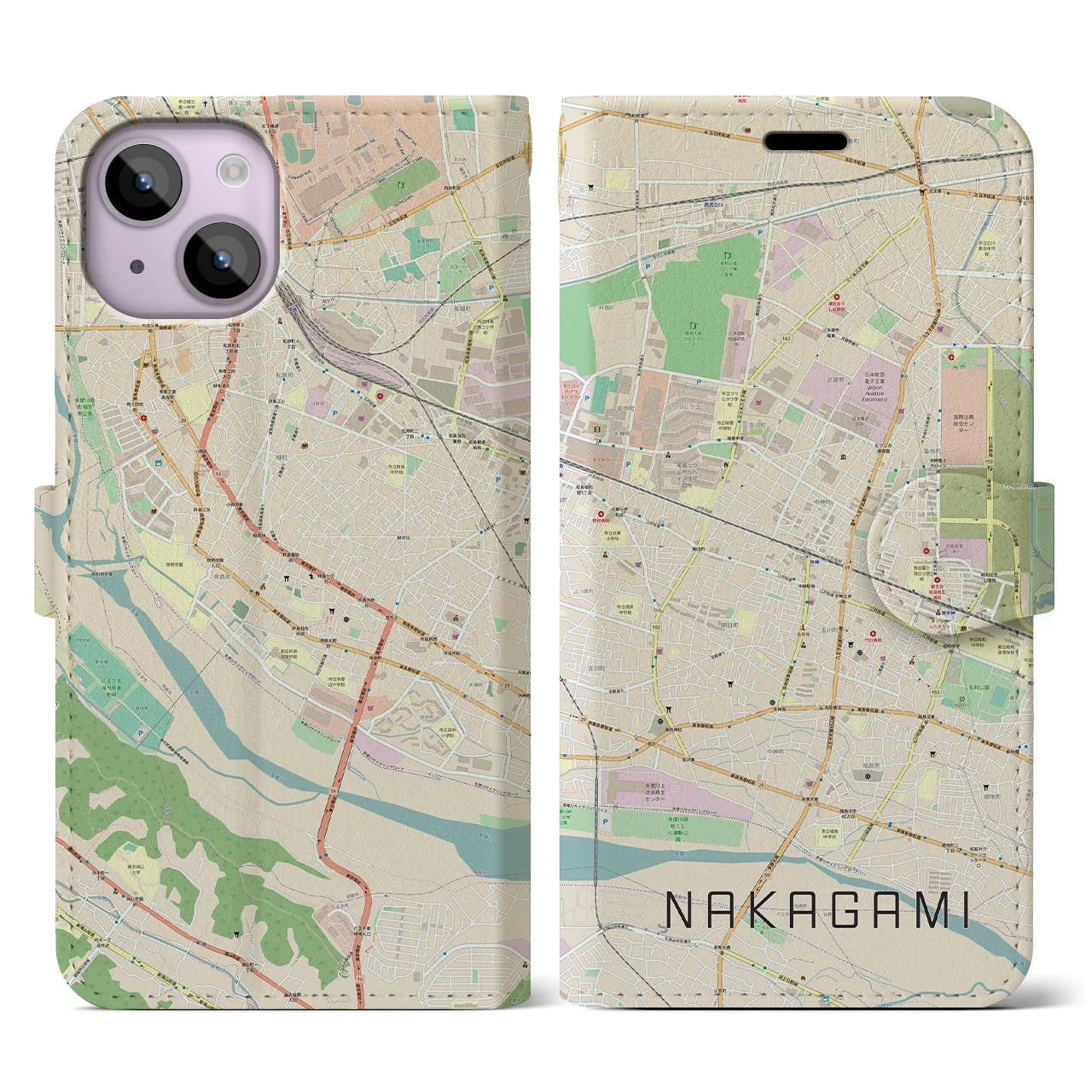 【中神(東京都)】地図柄iPhoneケース(手帳タイプ)ナチュラル・iPhone 14 用