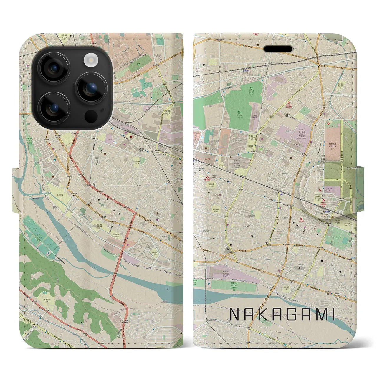 【中神(東京都)】地図柄iPhoneケース(手帳タイプ)ナチュラル・iPhone 16 用