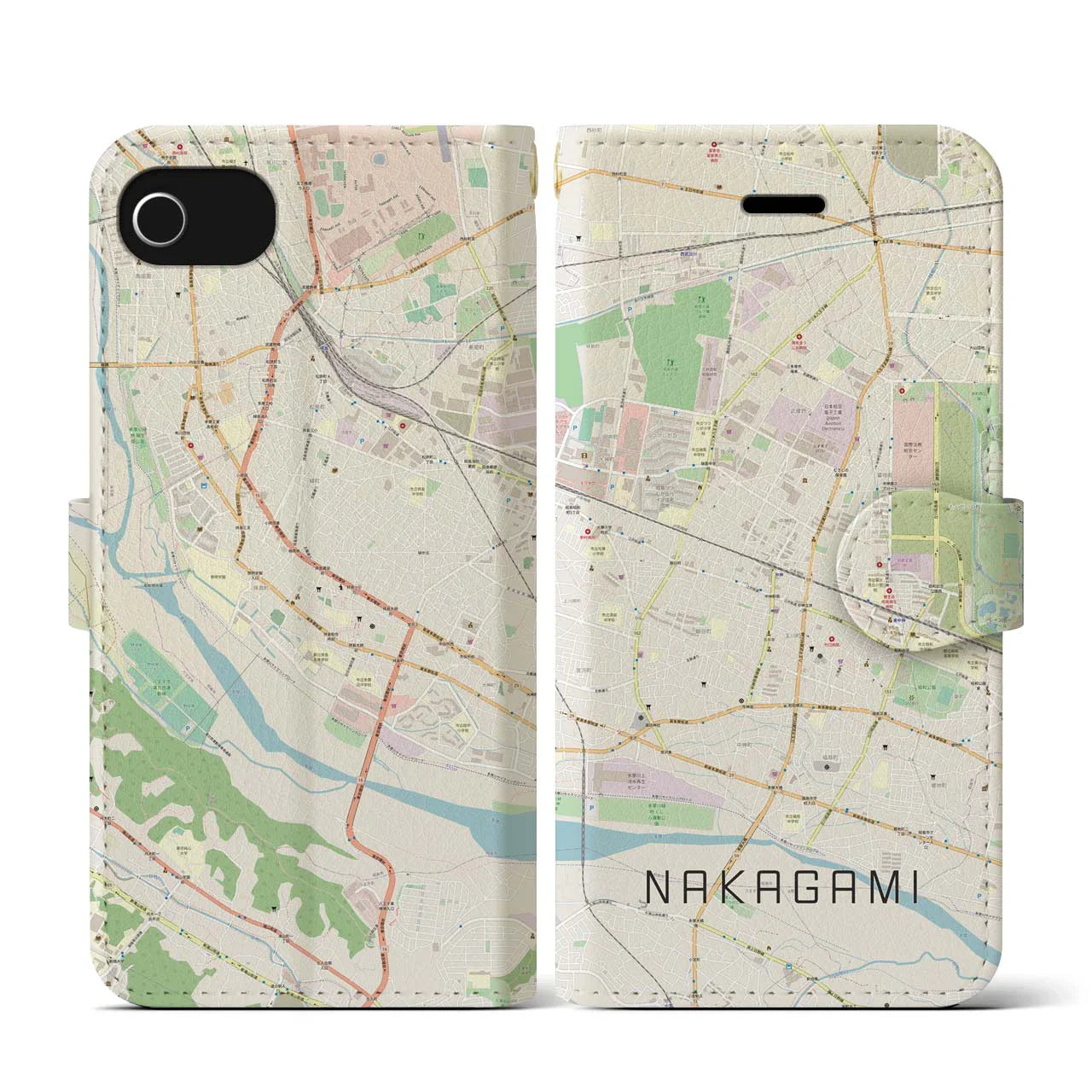 【中神(東京都)】地図柄iPhoneケース(手帳タイプ)ナチュラル・iPhone SE(第3 / 第2世代) / 8 / 7 / 6s / 6 用