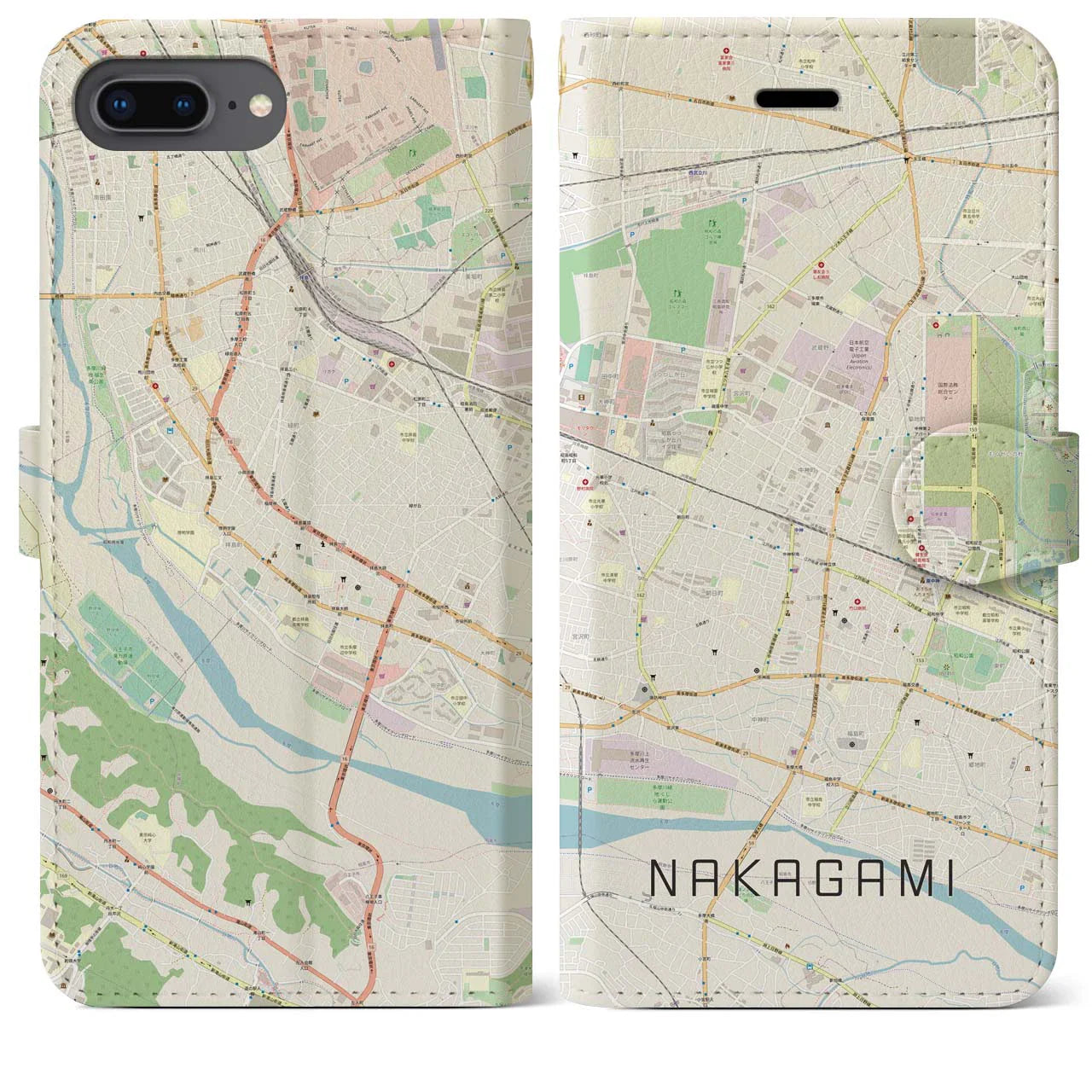 【中神(東京都)】地図柄iPhoneケース(手帳タイプ)ナチュラル・iPhone 8Plus /7Plus / 6sPlus / 6Plus 用