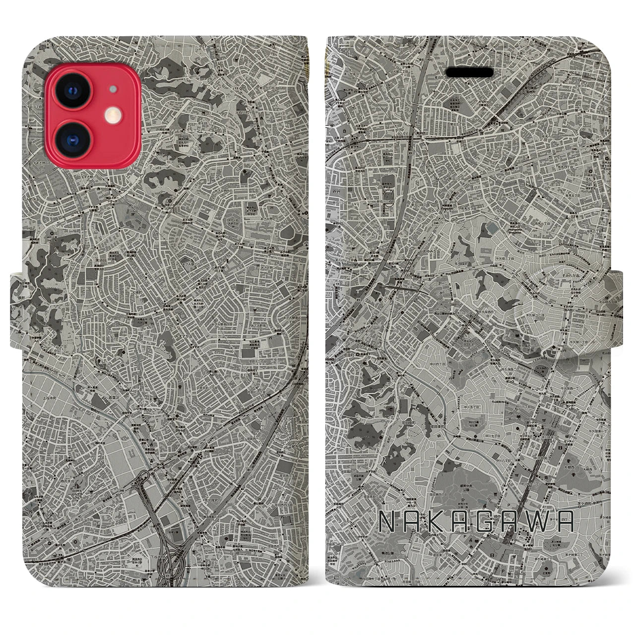 【中川(神奈川県)】地図柄iPhoneケース(手帳タイプ)モノトーン・iPhone 11 用