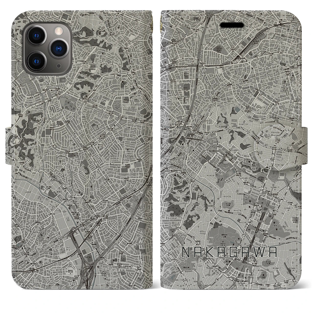 【中川(神奈川県)】地図柄iPhoneケース(手帳タイプ)モノトーン・iPhone 11 Pro Max 用