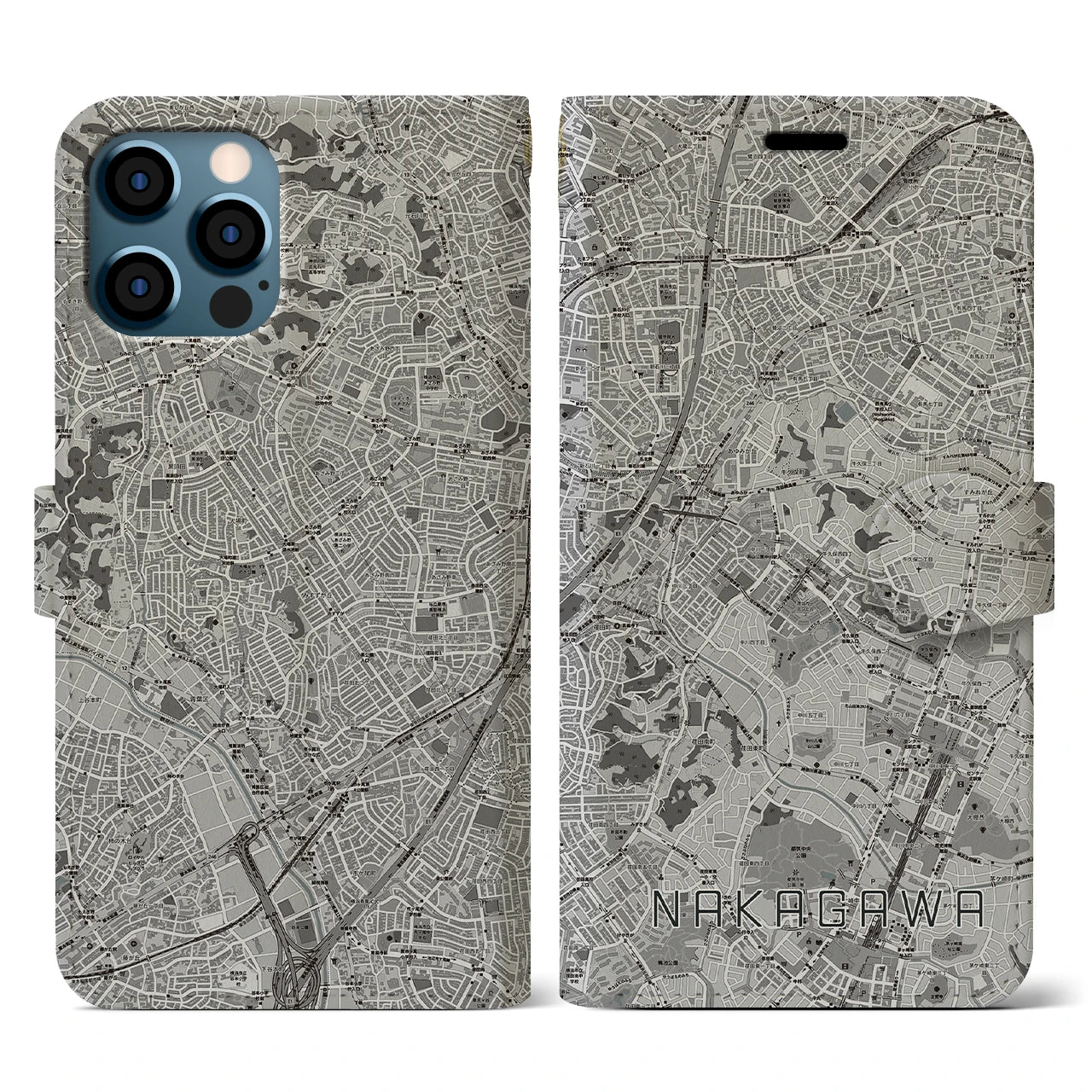 【中川(神奈川県)】地図柄iPhoneケース(手帳タイプ)モノトーン・iPhone 12 / 12 Pro 用