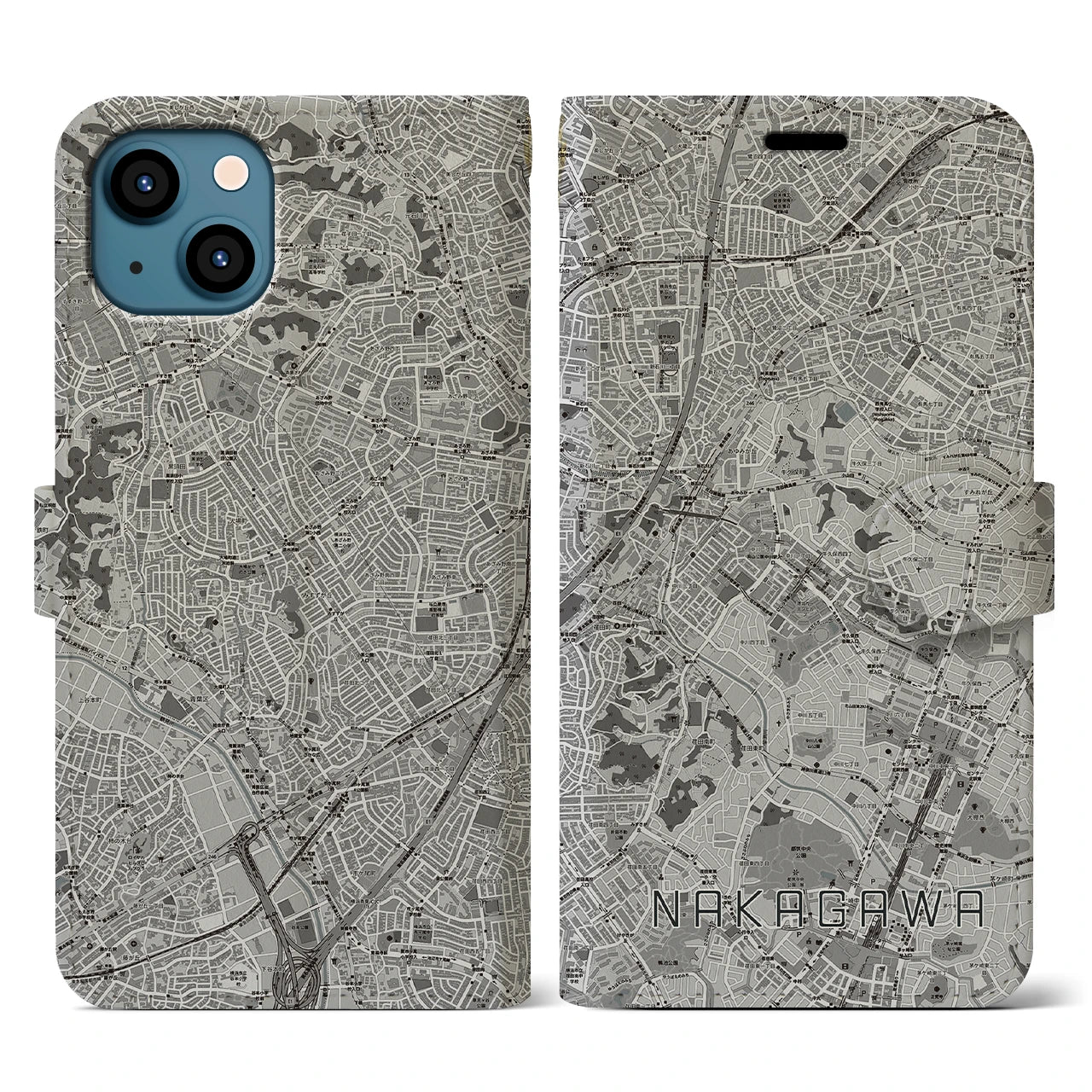 【中川(神奈川県)】地図柄iPhoneケース(手帳タイプ)モノトーン・iPhone 13 用
