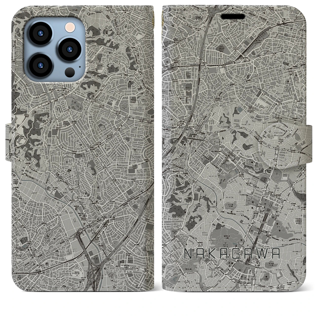 【中川(神奈川県)】地図柄iPhoneケース(手帳タイプ)モノトーン・iPhone 13 Pro Max 用