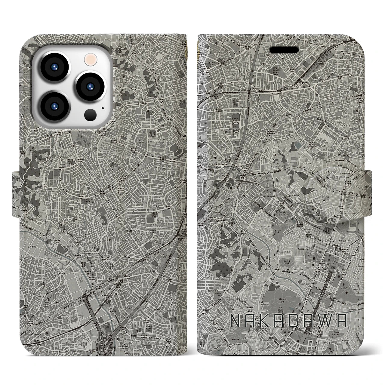【中川(神奈川県)】地図柄iPhoneケース(手帳タイプ)モノトーン・iPhone 13 Pro 用
