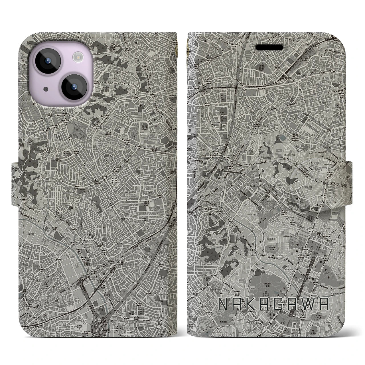 【中川(神奈川県)】地図柄iPhoneケース(手帳タイプ)モノトーン・iPhone 14 用