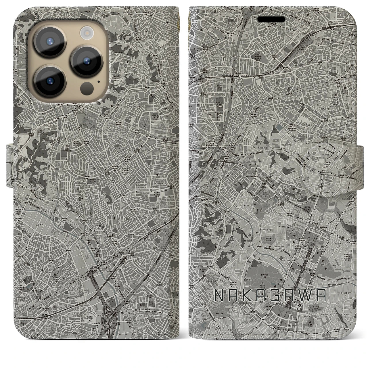 【中川(神奈川県)】地図柄iPhoneケース(手帳タイプ)モノトーン・iPhone 14 Pro Max 用