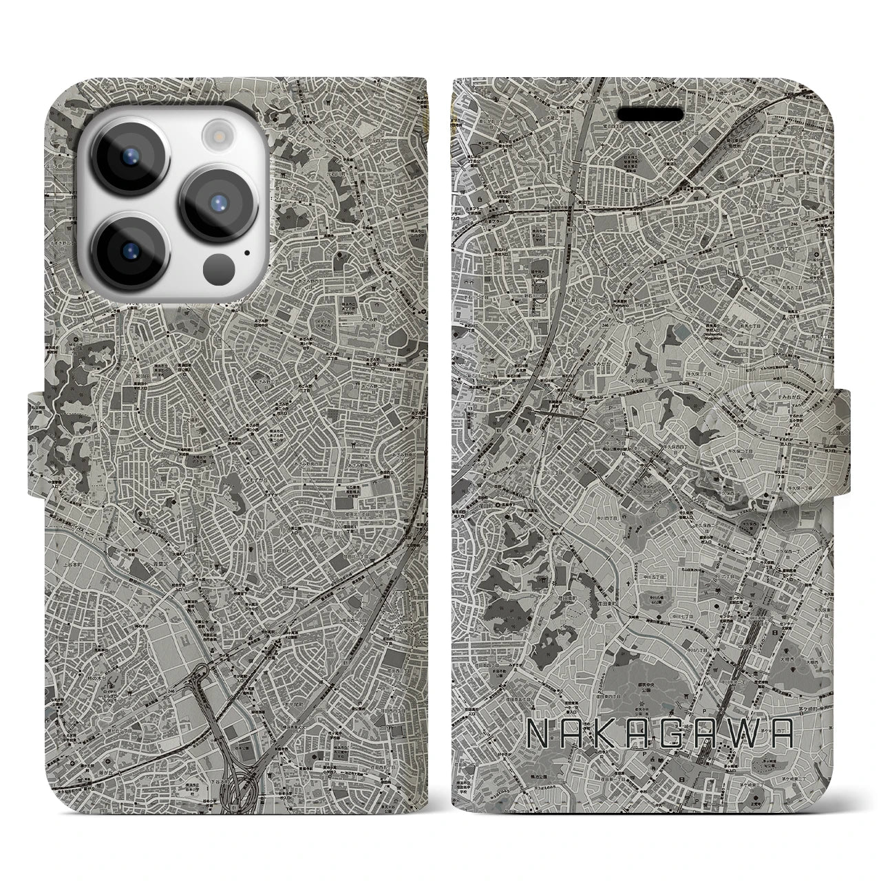 【中川(神奈川県)】地図柄iPhoneケース(手帳タイプ)モノトーン・iPhone 14 Pro 用