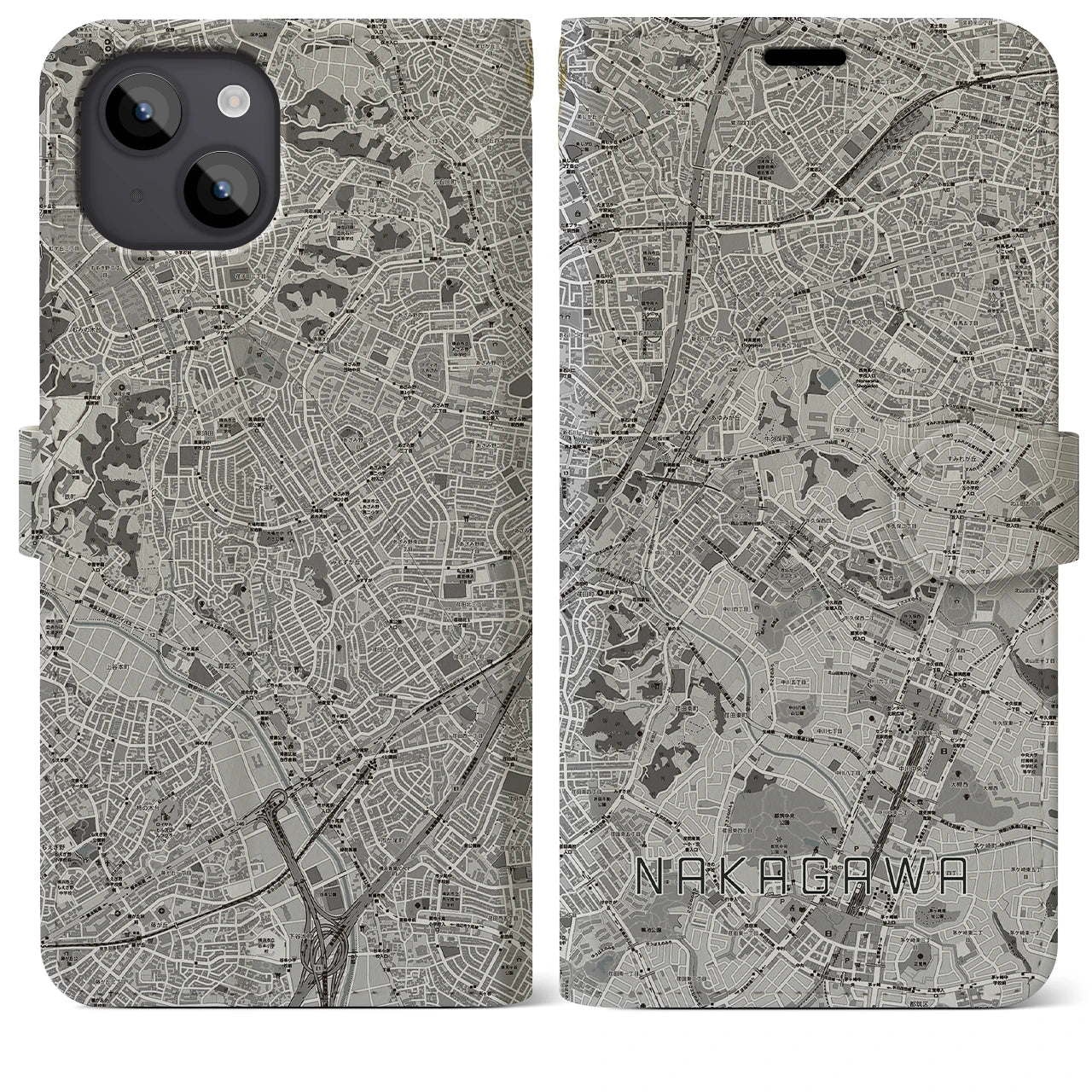 【中川(神奈川県)】地図柄iPhoneケース(手帳タイプ)モノトーン・iPhone 14 Plus 用