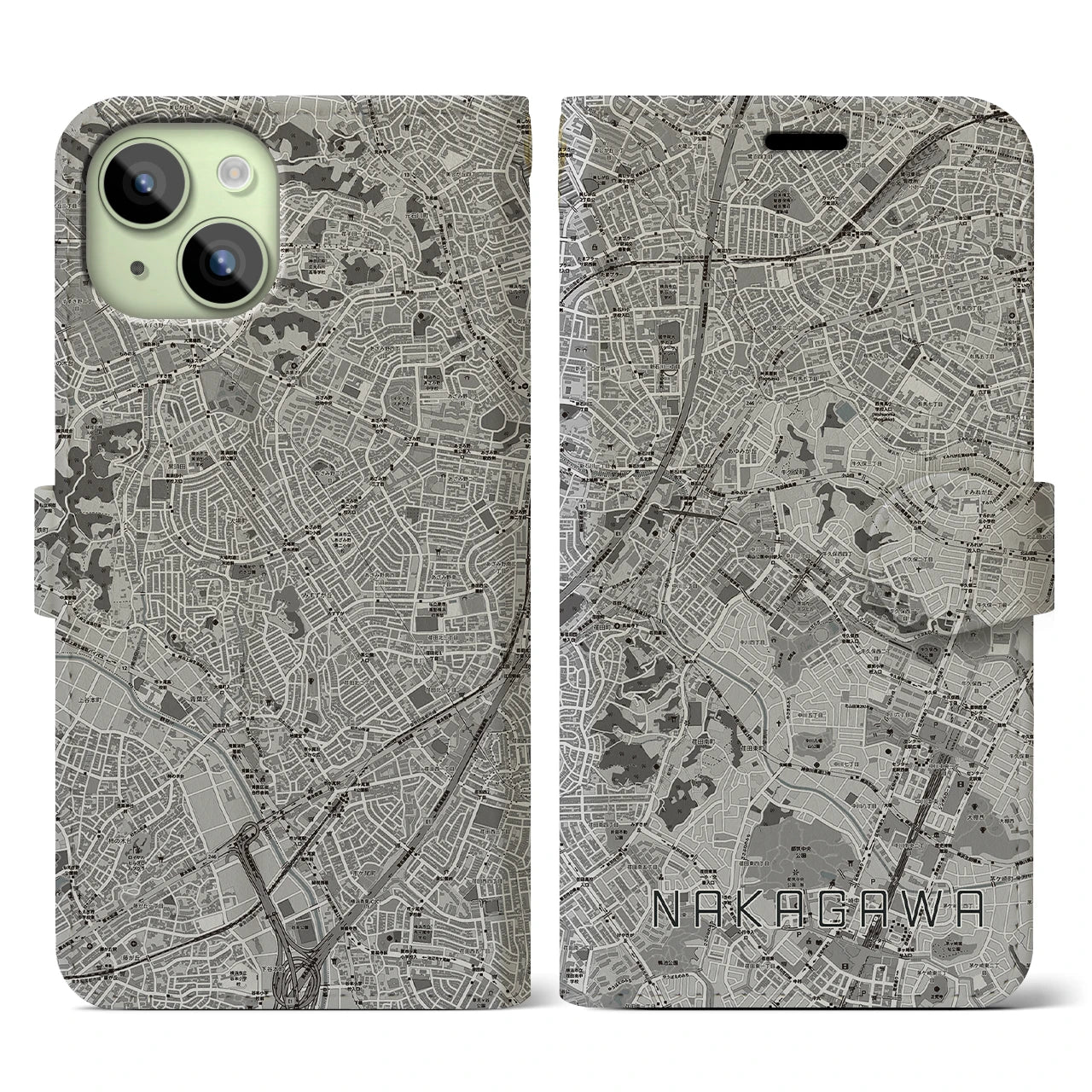 【中川(神奈川県)】地図柄iPhoneケース(手帳タイプ)モノトーン・iPhone 15 用