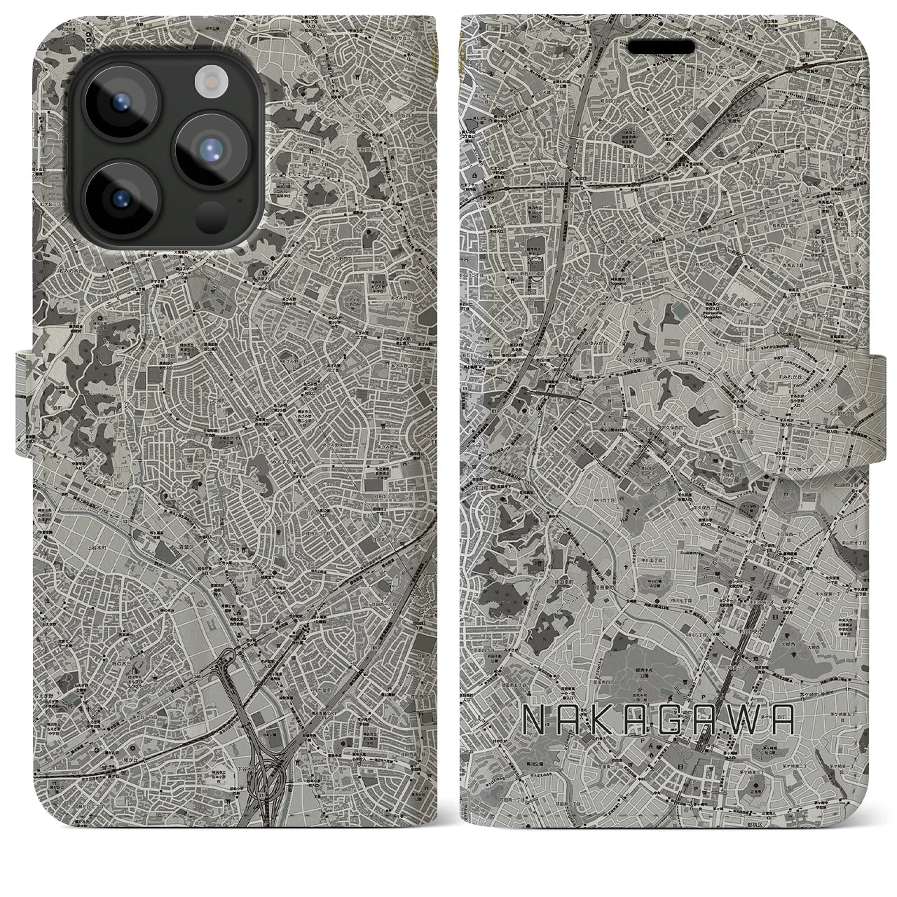 【中川(神奈川県)】地図柄iPhoneケース(手帳タイプ)モノトーン・iPhone 15 Pro Max 用