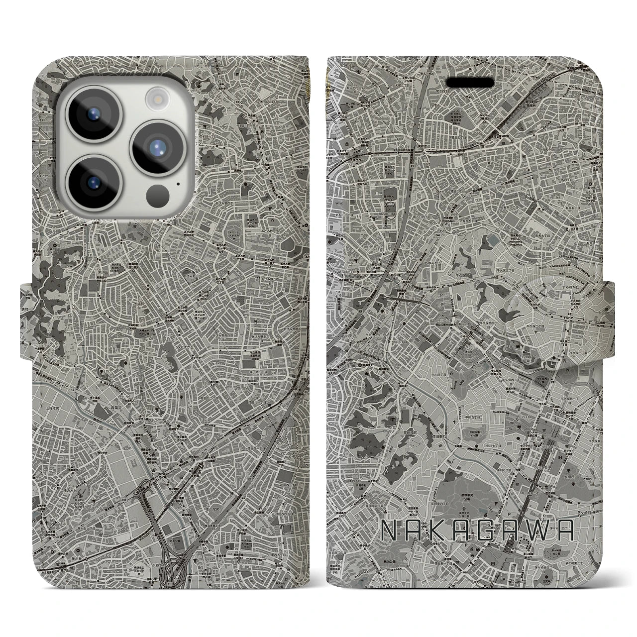 【中川(神奈川県)】地図柄iPhoneケース(手帳タイプ)モノトーン・iPhone 15 Pro 用