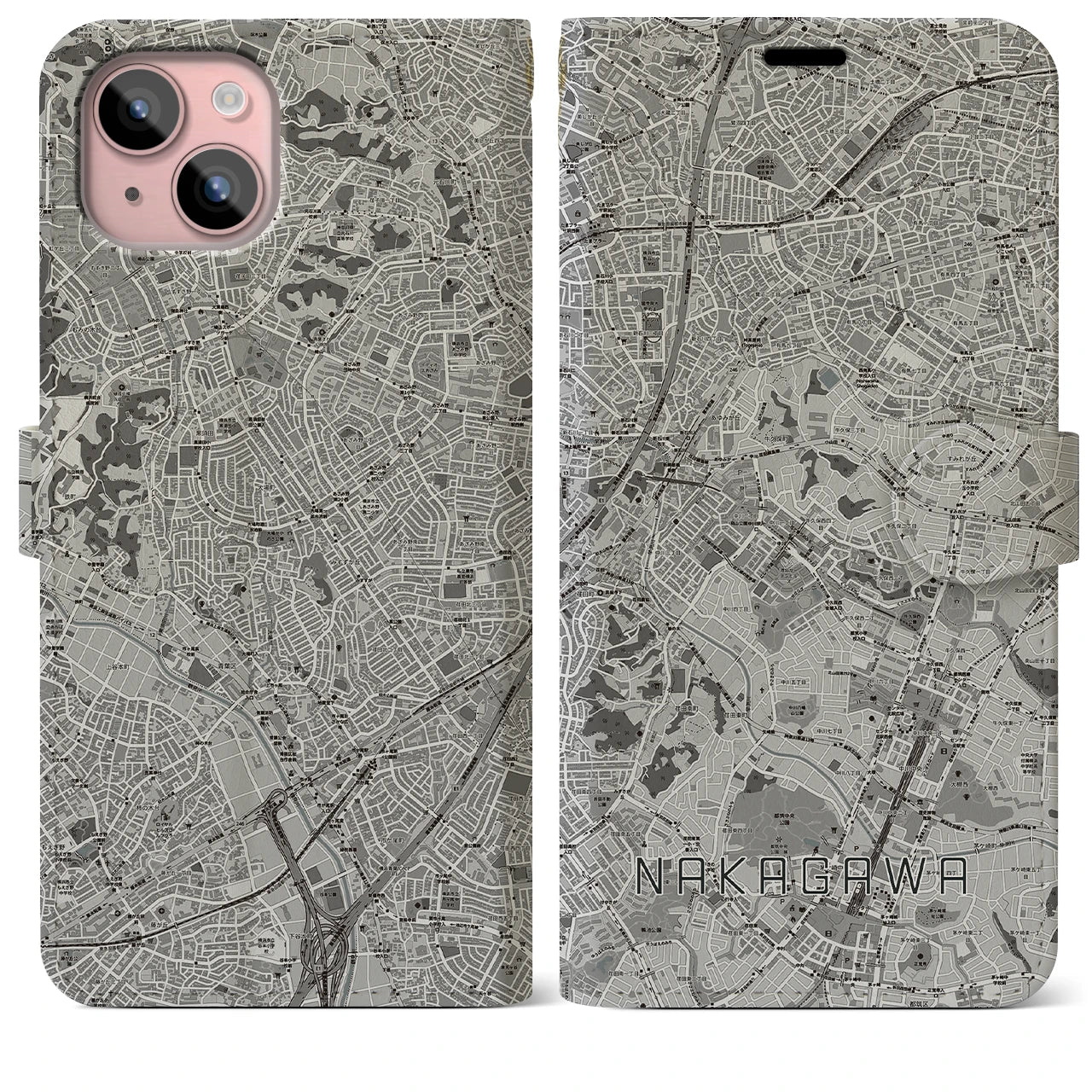 【中川(神奈川県)】地図柄iPhoneケース(手帳タイプ)モノトーン・iPhone 15 Plus 用