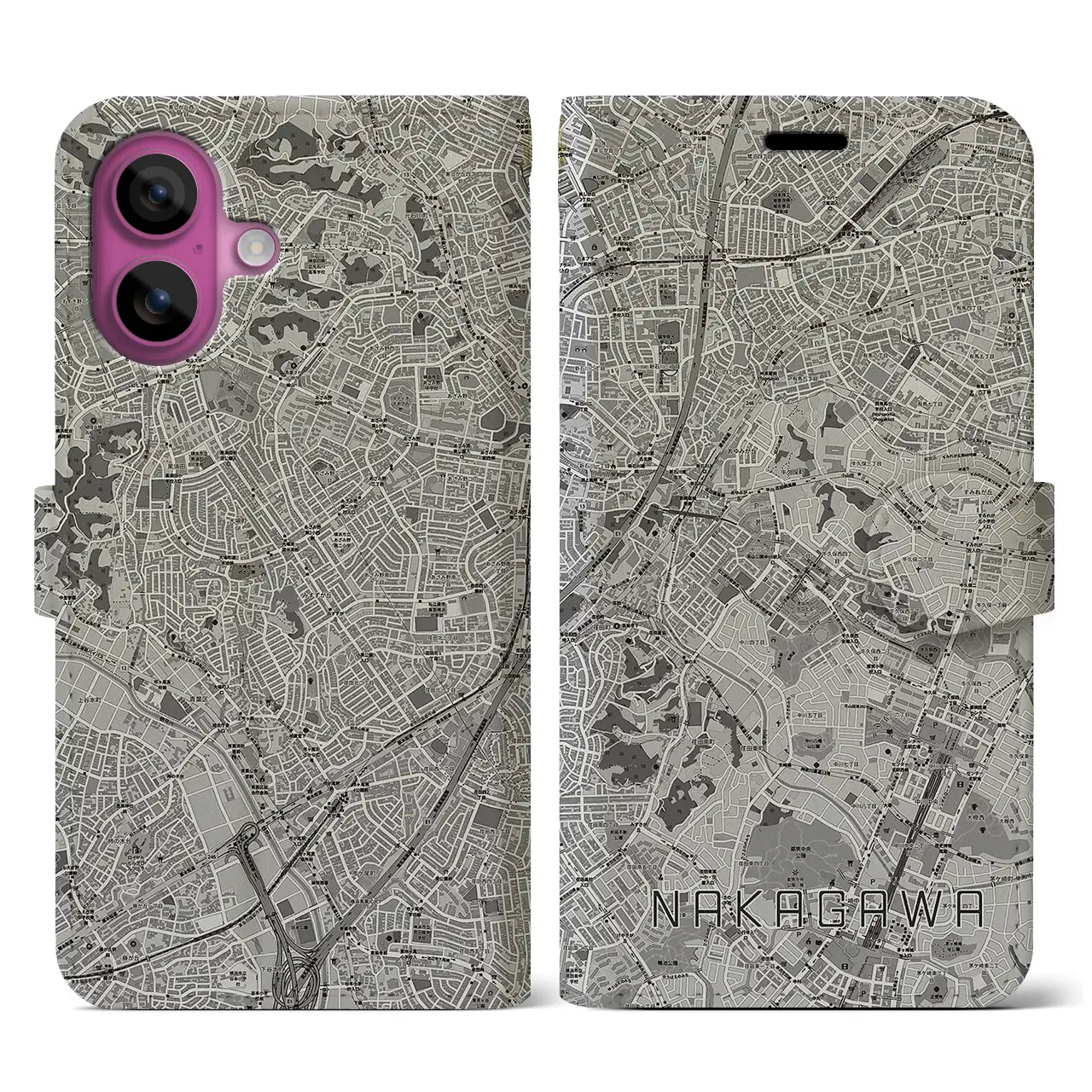【中川(神奈川県)】地図柄iPhoneケース(手帳タイプ)モノトーン・iPhone 16 Pro 用
