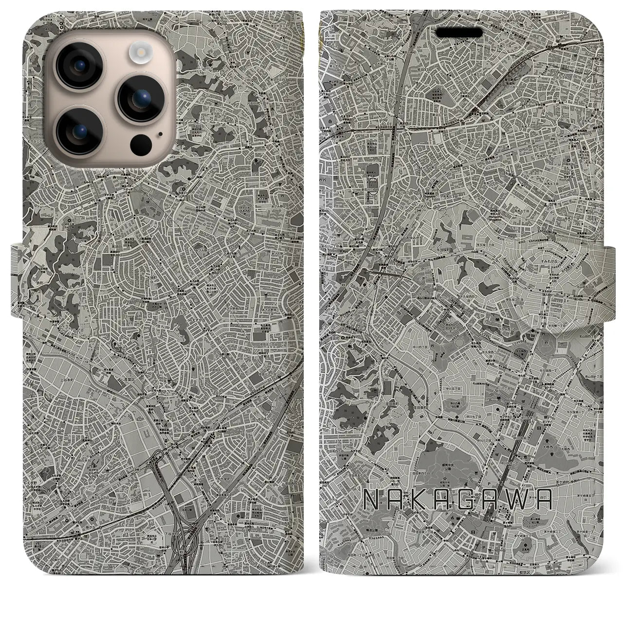 【中川(神奈川県)】地図柄iPhoneケース(手帳タイプ)モノトーン・iPhone 16 Plus 用