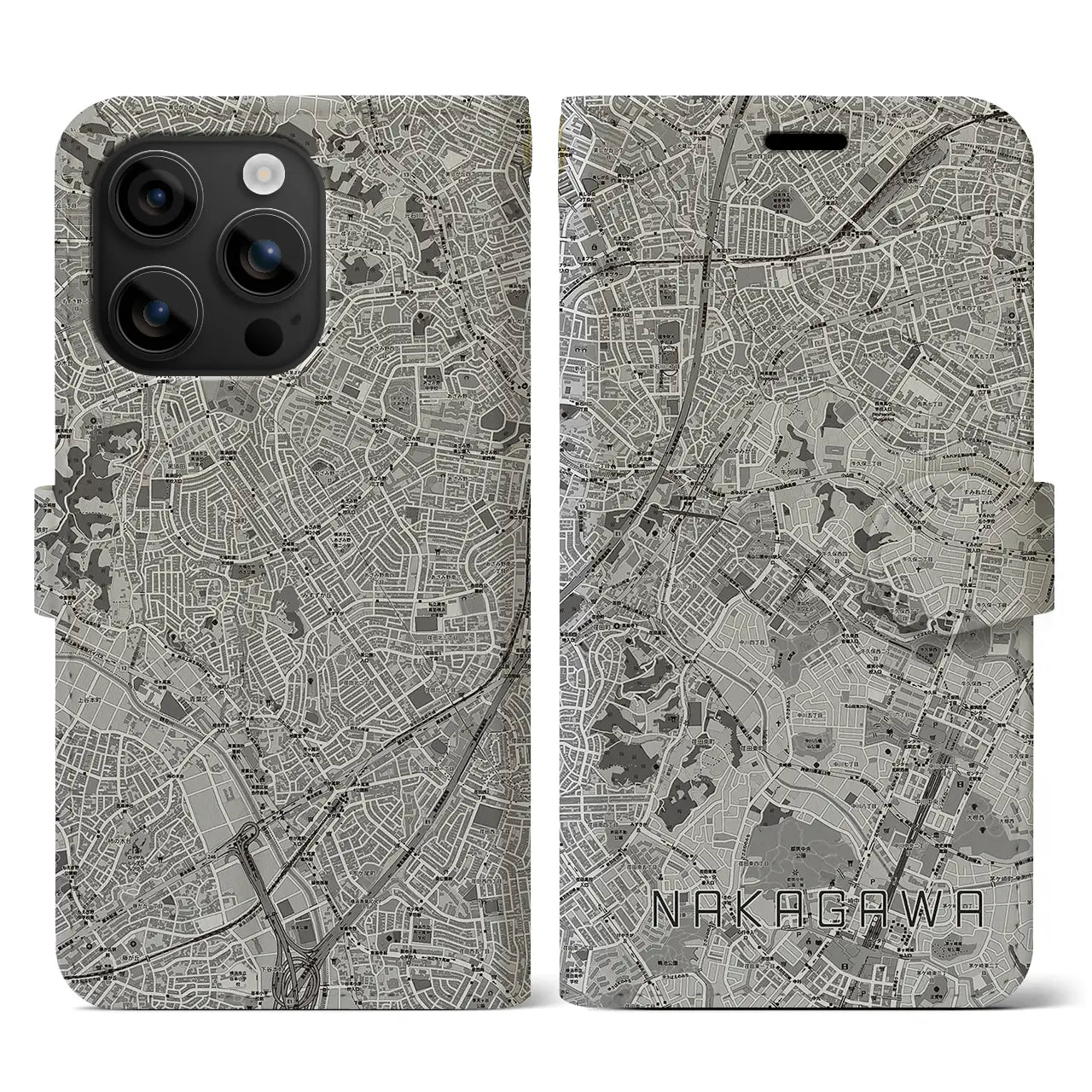 【中川(神奈川県)】地図柄iPhoneケース(手帳タイプ)モノトーン・iPhone 16 用