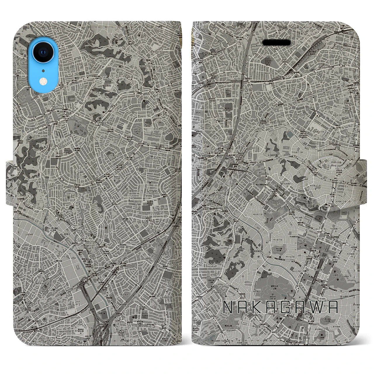 【中川(神奈川県)】地図柄iPhoneケース(手帳タイプ)モノトーン・iPhone XR 用
