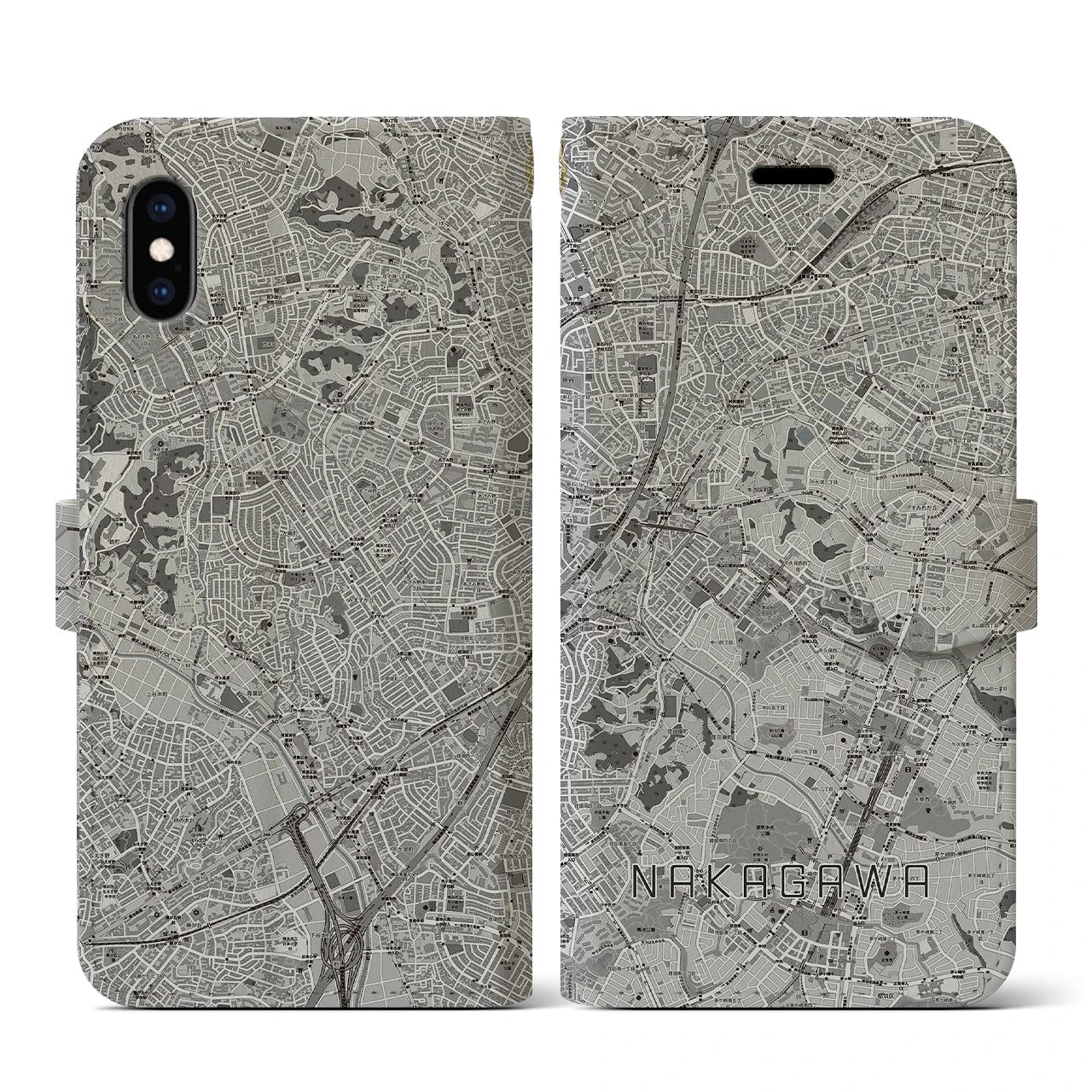【中川(神奈川県)】地図柄iPhoneケース(手帳タイプ)モノトーン・iPhone XS / X 用