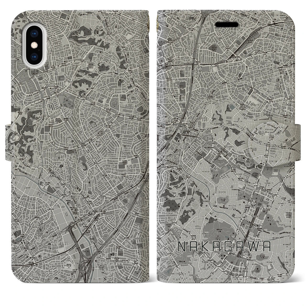 【中川(神奈川県)】地図柄iPhoneケース(手帳タイプ)モノトーン・iPhone XS Max 用