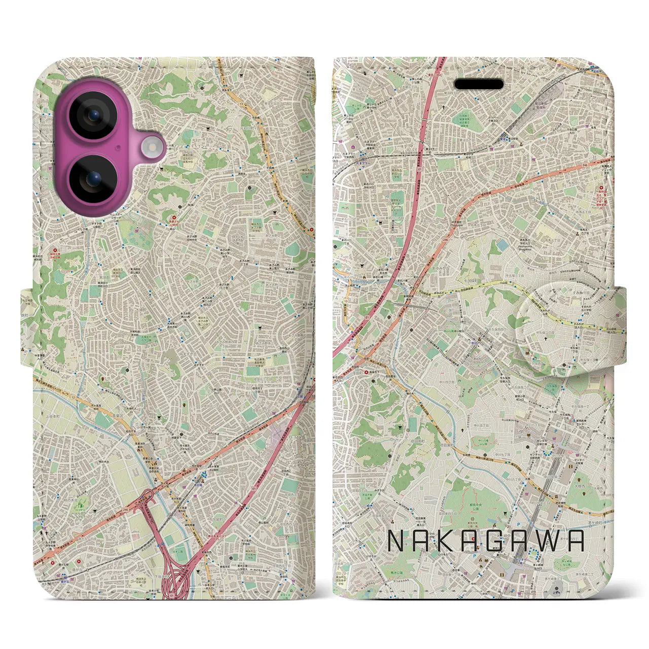 【中川(神奈川県)】地図柄iPhoneケース(手帳タイプ)ナチュラル・iPhone 16 Pro 用