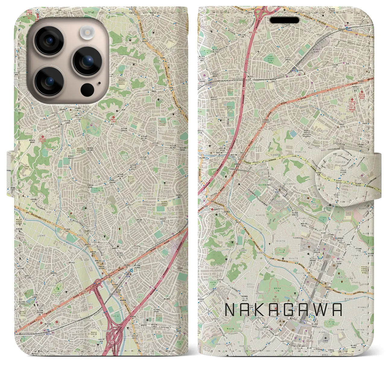 【中川(神奈川県)】地図柄iPhoneケース(手帳タイプ)ナチュラル・iPhone 16 Plus 用