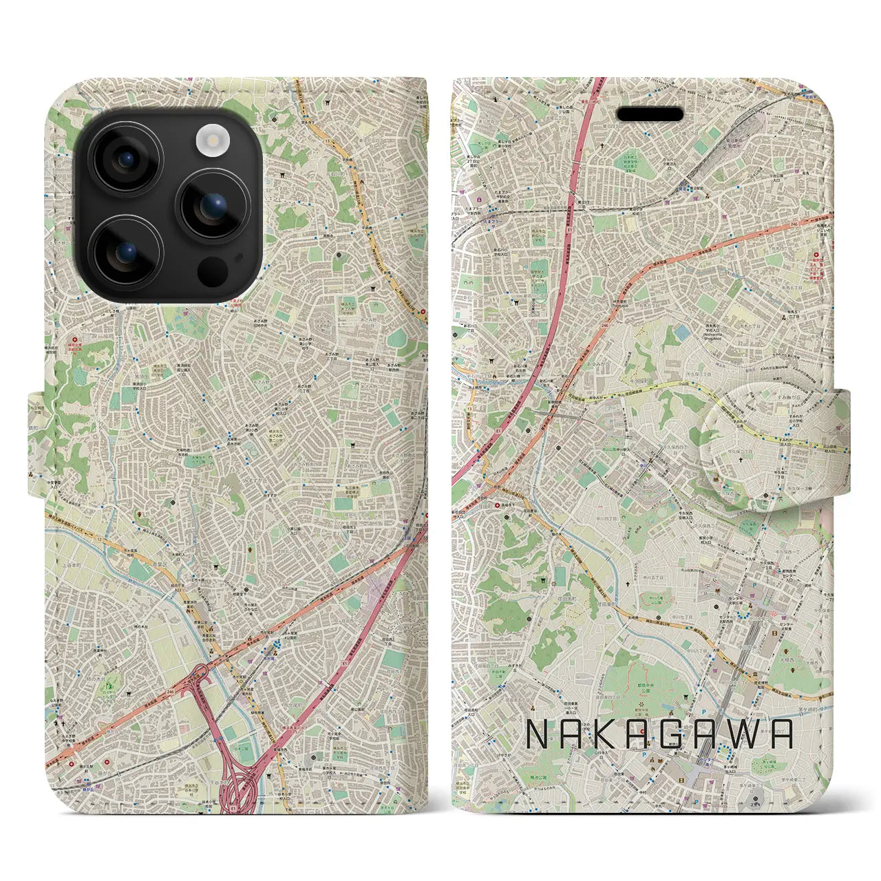 【中川(神奈川県)】地図柄iPhoneケース(手帳タイプ)ナチュラル・iPhone 16 用