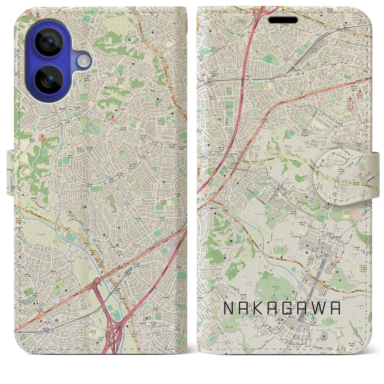 【中川(神奈川県)】地図柄iPhoneケース(手帳タイプ)ナチュラル・iPhone 16 Pro Max 用