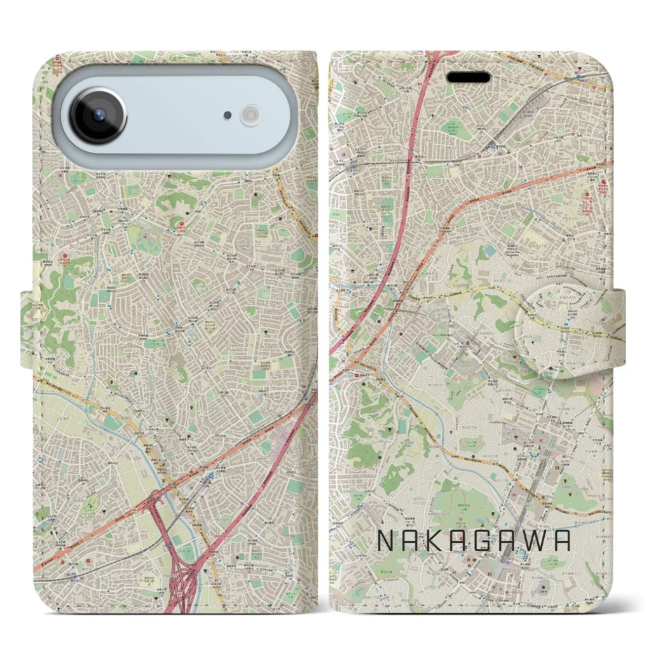 【中川(神奈川県)】地図柄iPhoneケース(手帳タイプ)ナチュラル・iPhone 17 Pro Max 用