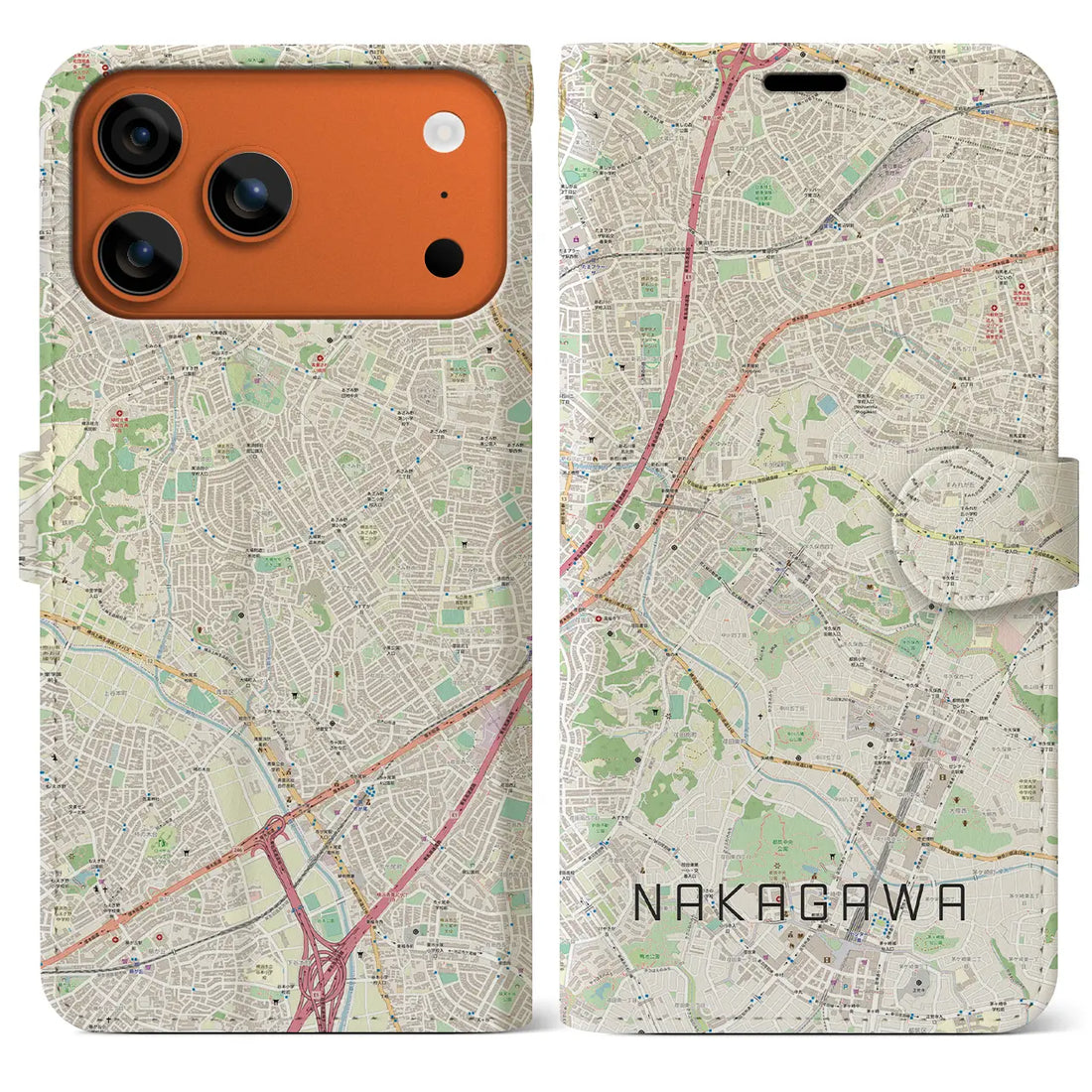 【中川(神奈川県)】地図柄iPhoneケース(手帳タイプ)モノトーン・iPhone 17 Pro Max 用
