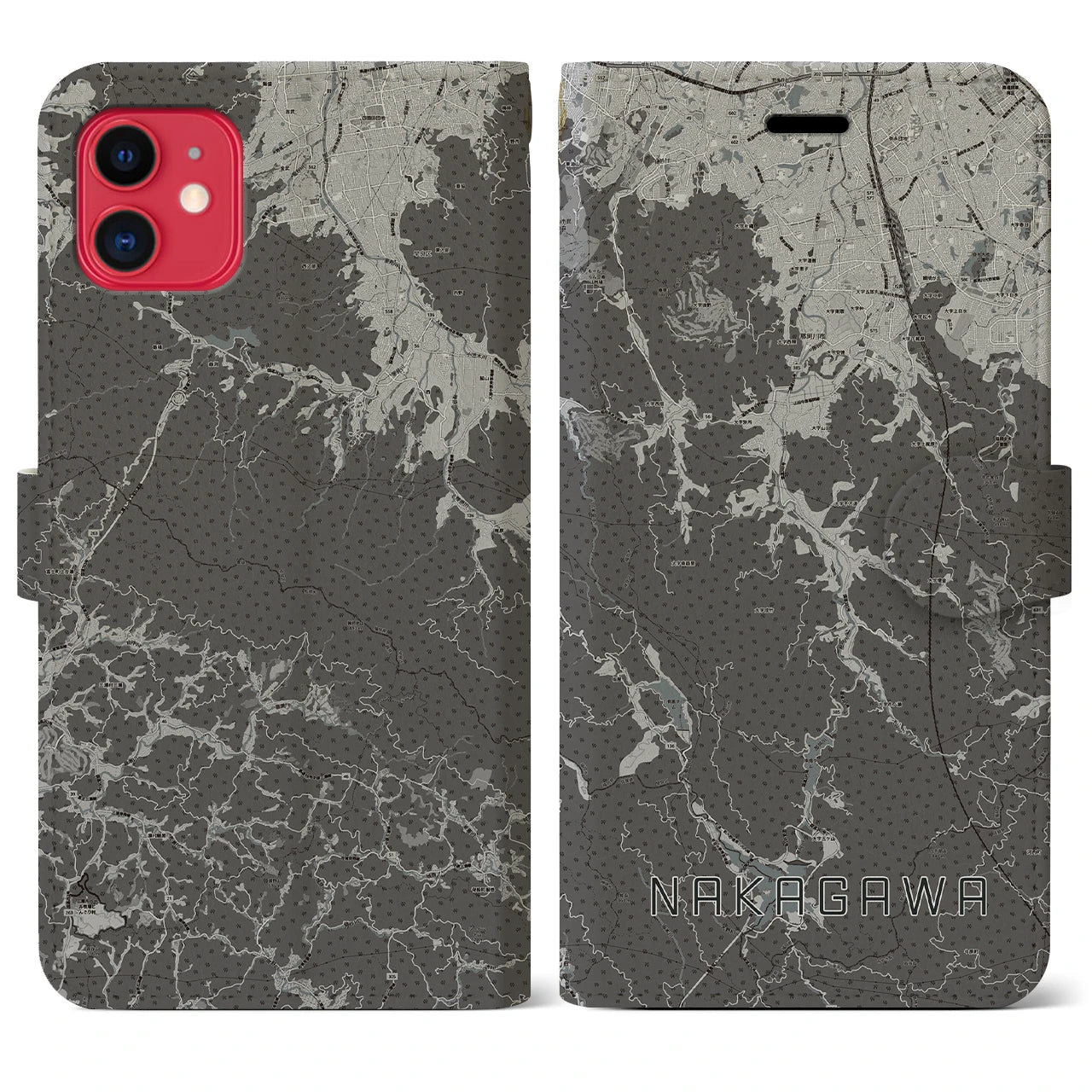 【那珂川(福岡県)】地図柄iPhoneケース(手帳タイプ)モノトーン・iPhone 11 用