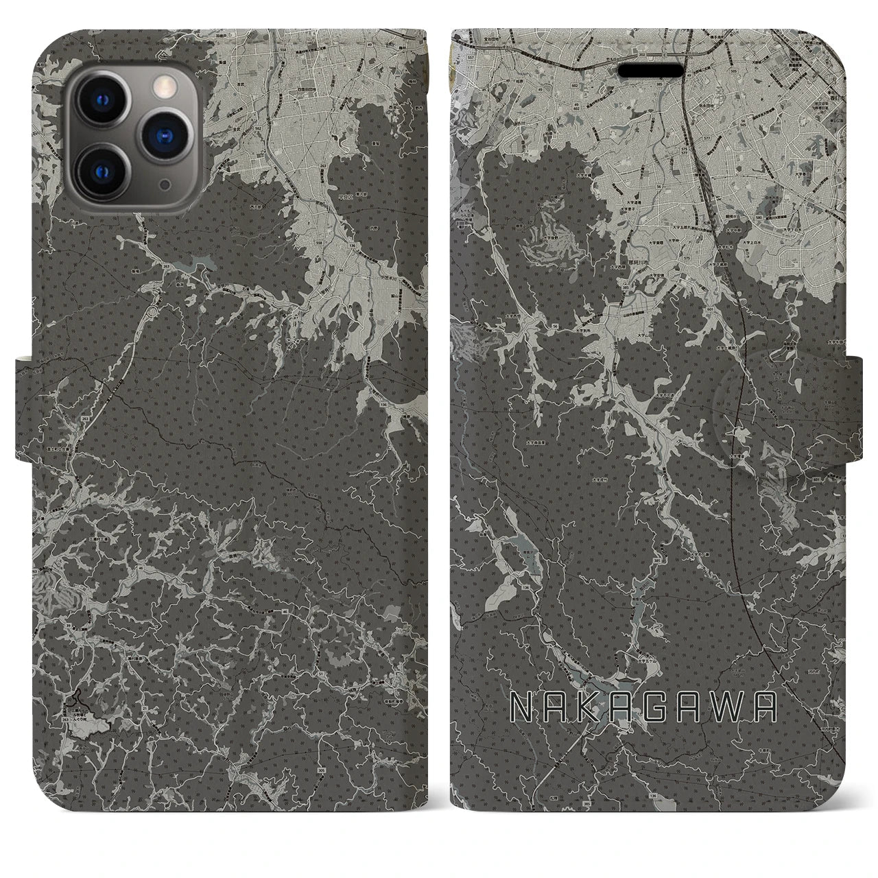 【那珂川(福岡県)】地図柄iPhoneケース(手帳タイプ)モノトーン・iPhone 11 Pro Max 用