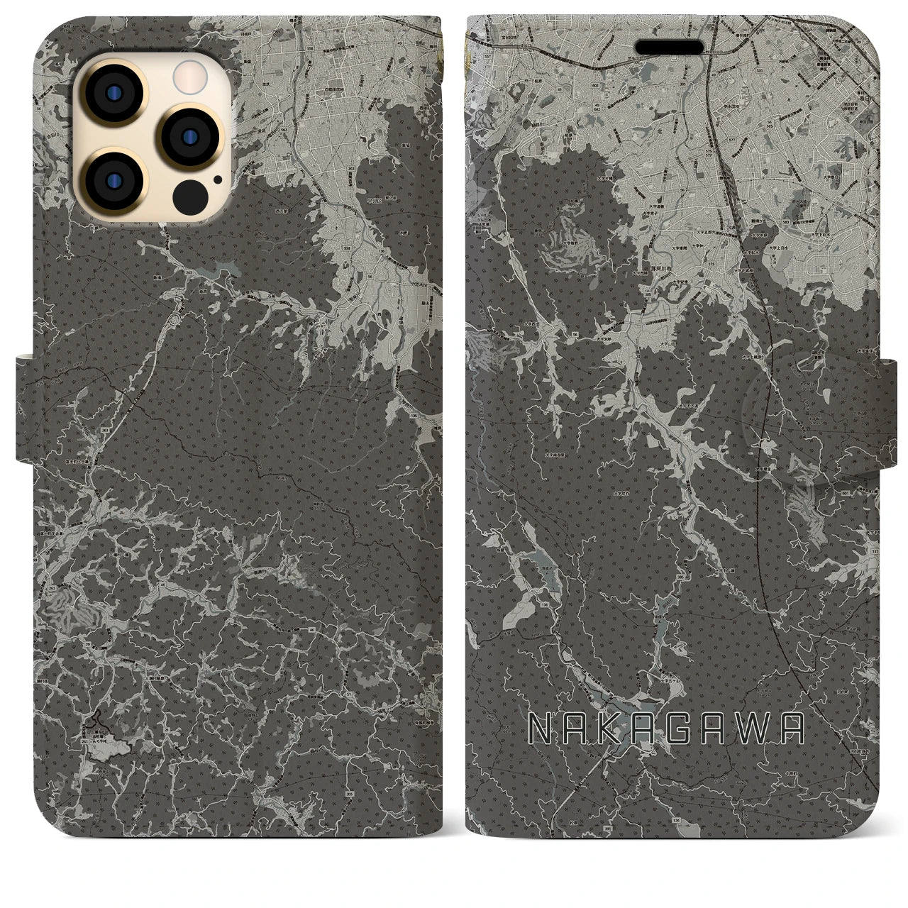 【那珂川(福岡県)】地図柄iPhoneケース(手帳タイプ)モノトーン・iPhone 12 Pro Max 用